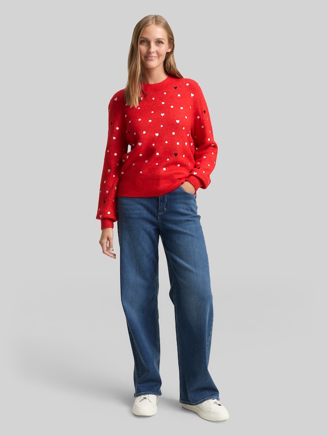 Pull en maille ample avec broderies par Denim Female, red with hearts