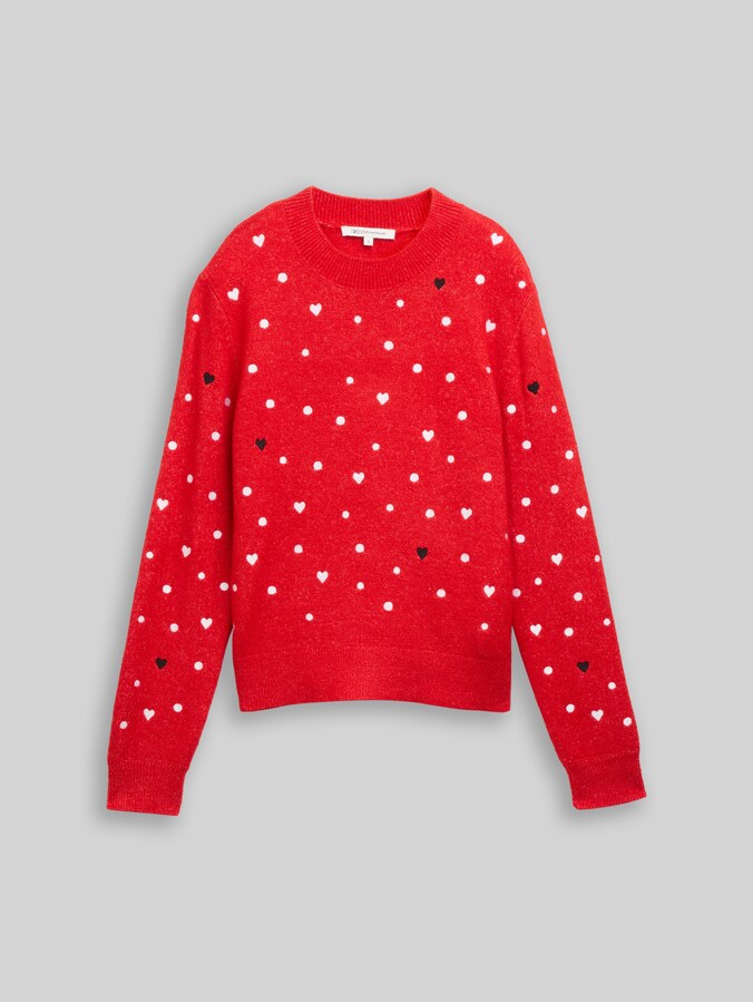 Relaxed fit knitted jumper with embroidery by Denim Female, red with hearts