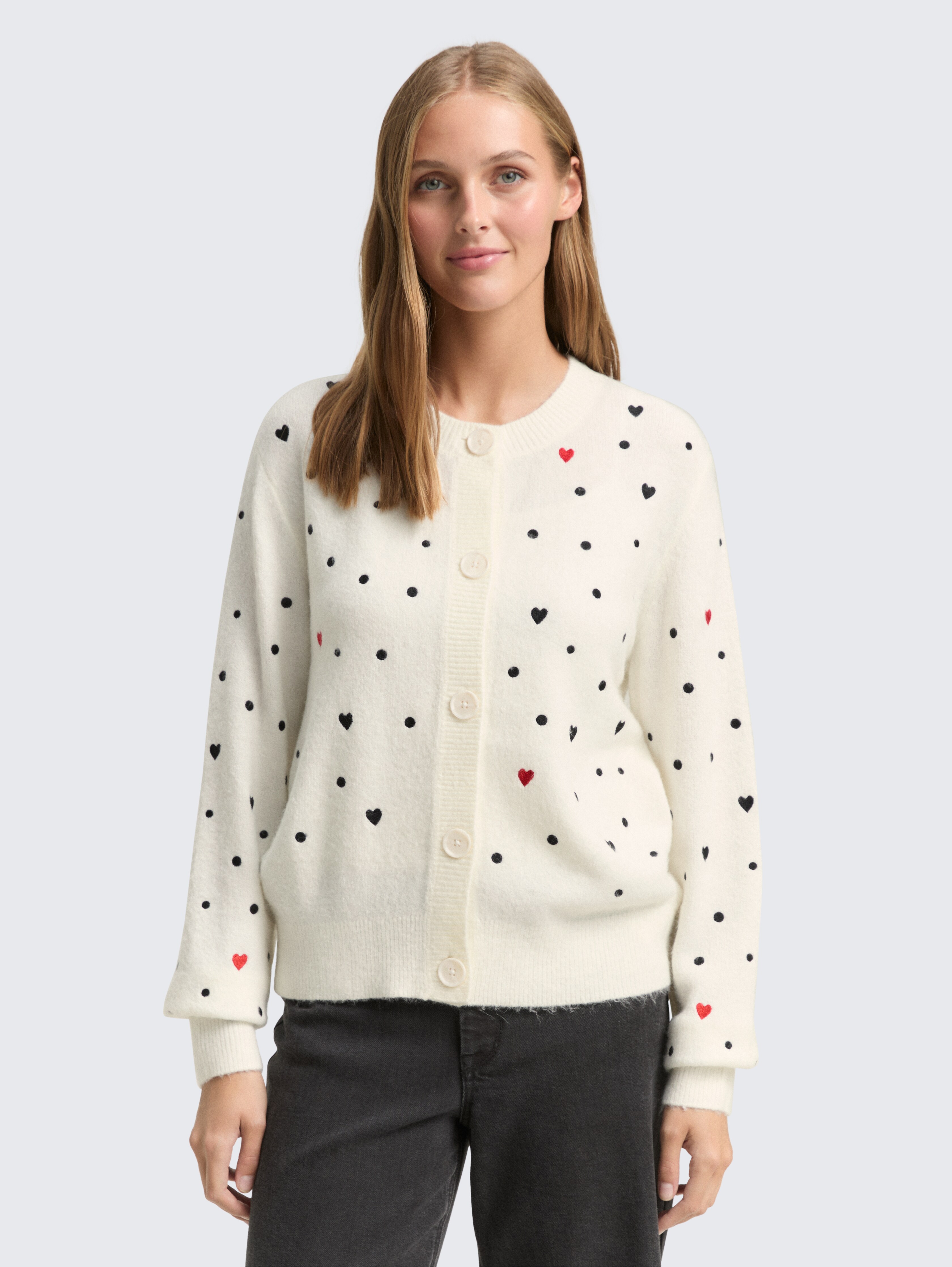 Relaxed Fit Cardigan mit Stickereien von Denim Female, white black dots and hearts
