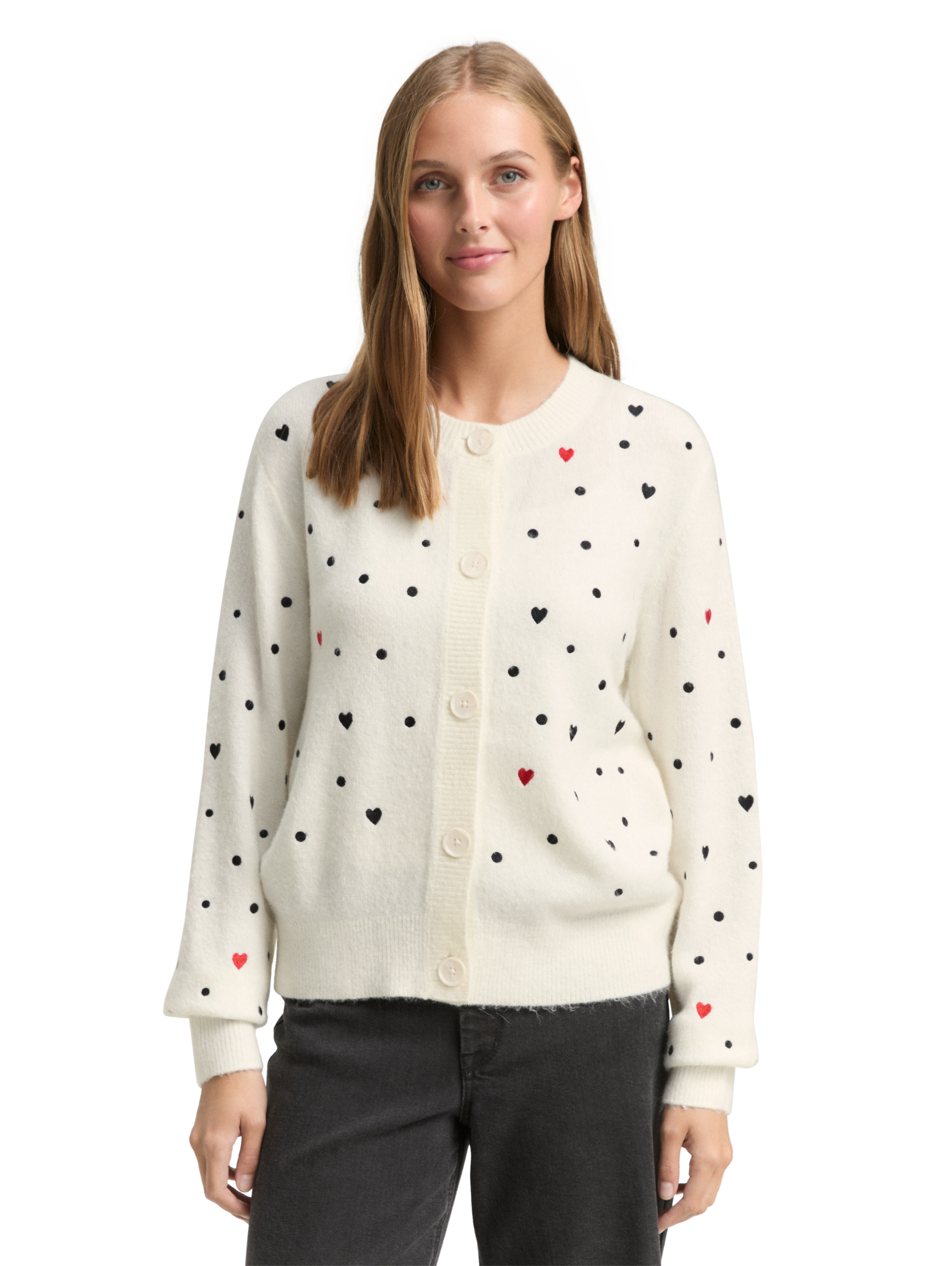 Relaxed Fit Cardigan mit Stickereien - white black dots and hearts - Ausschnitt Model-Vorderansicht