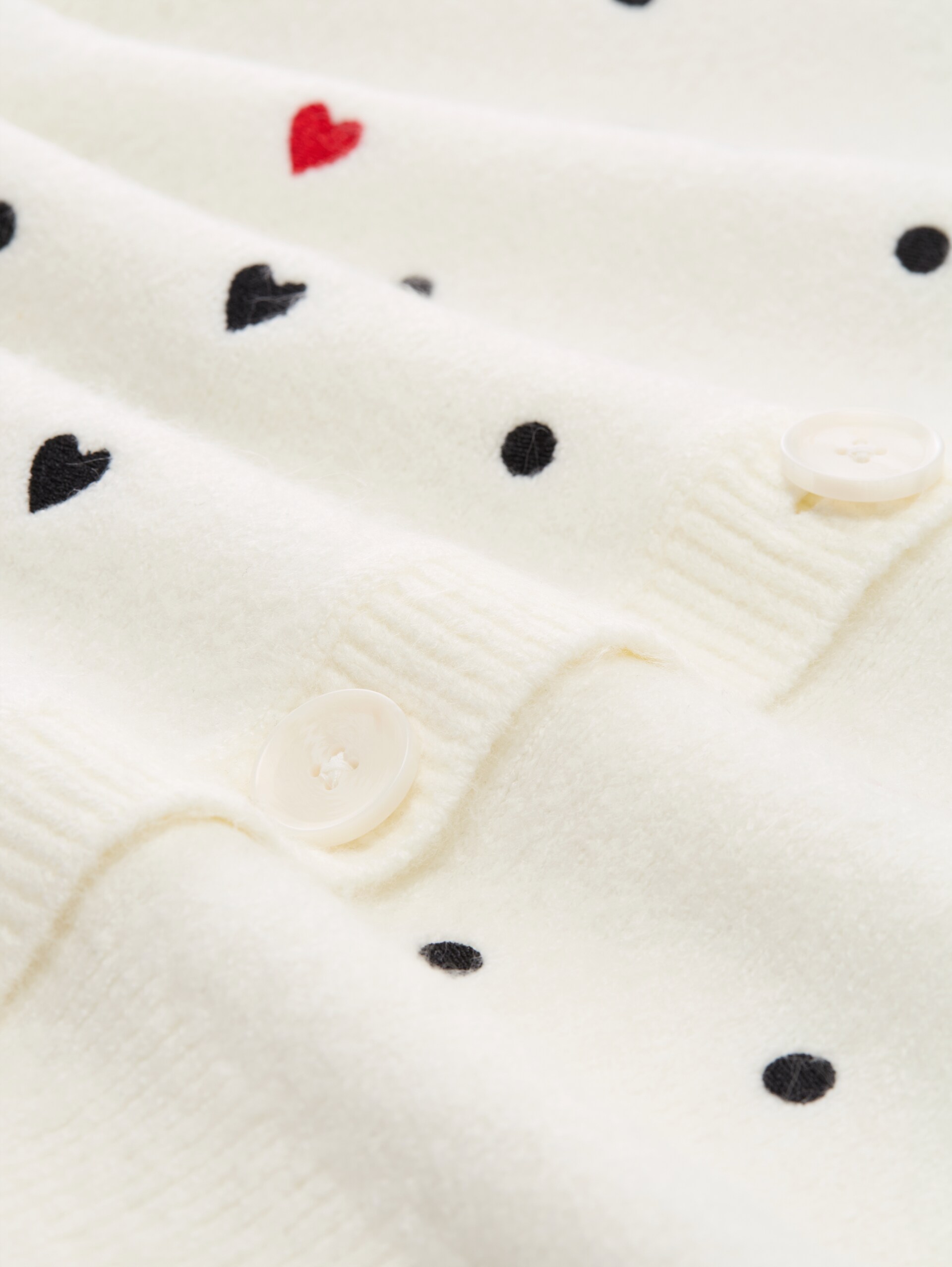 Relaxed Fit Cardigan mit Stickereien - white black dots and hearts - Material-Ansicht