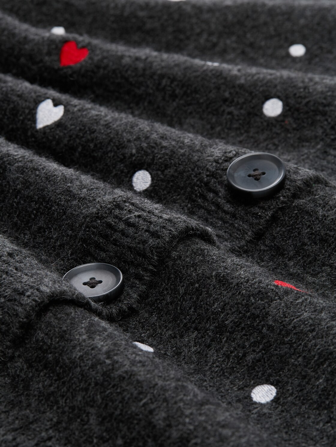 Relaxed Fit Cardigan mit Stickereien - grey white dots and hearts - Material-Ansicht