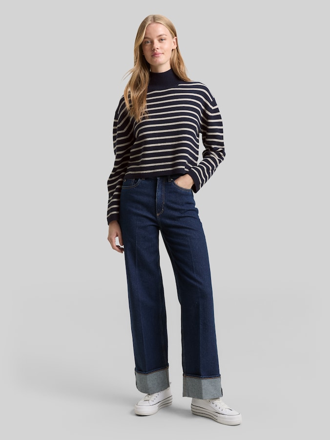 Relaxed Fit Strickpullover mit Streifenmuster von Denim Female, navy cloud grey stripe