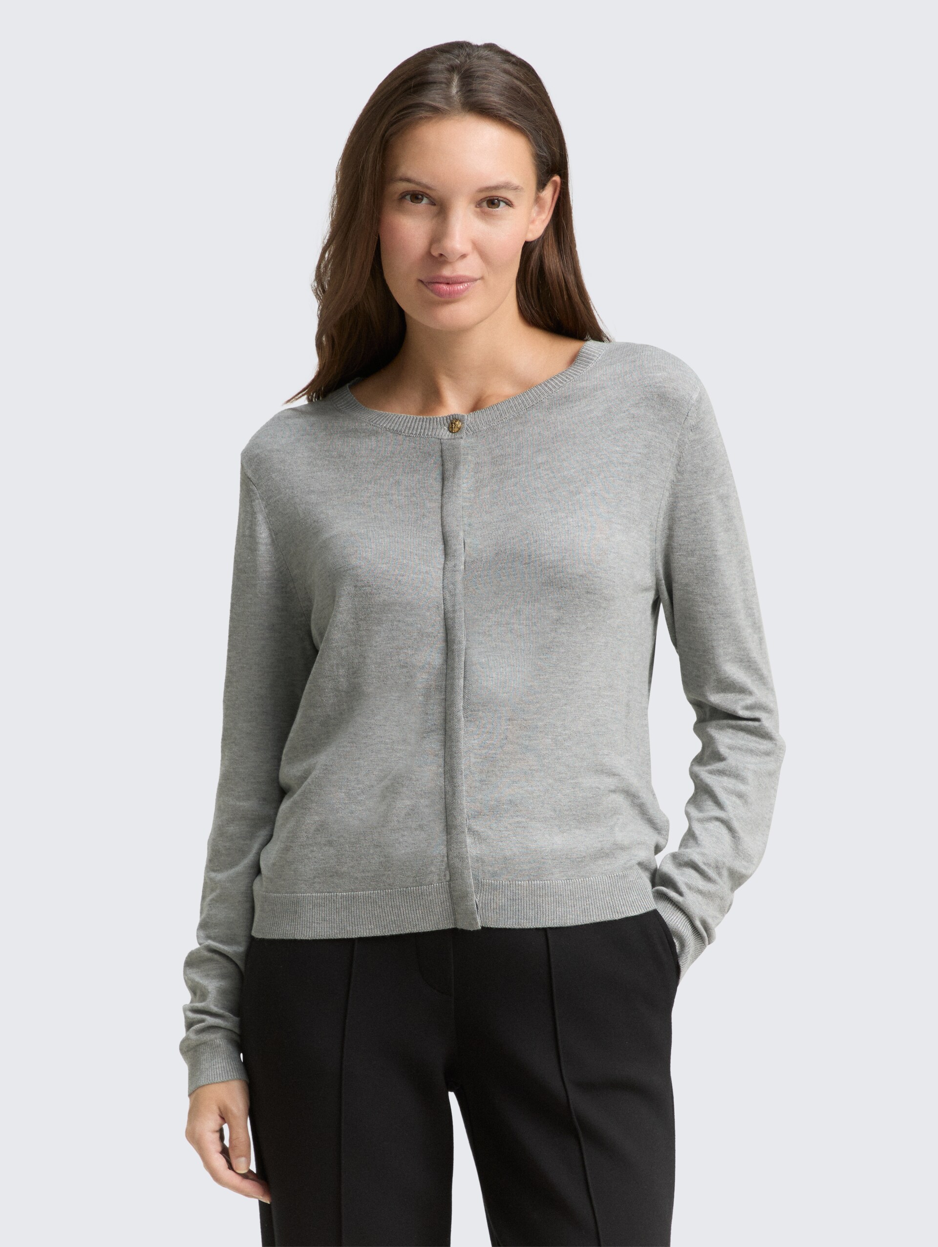 Cardigan with concealed button placket - medium silver grey melange - Neckline model front view