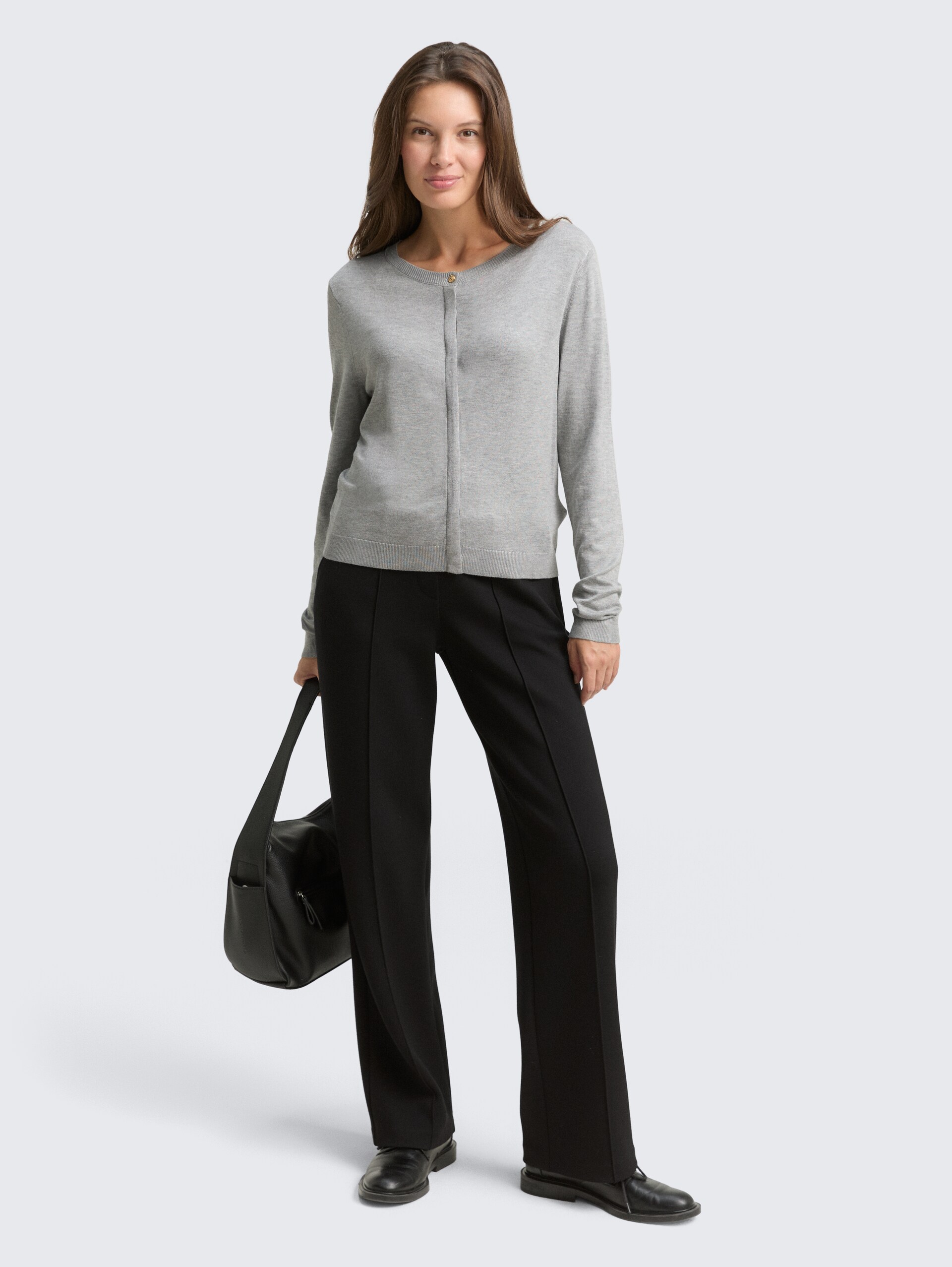 Cardigan with concealed button placket - medium silver grey melange - Model front view