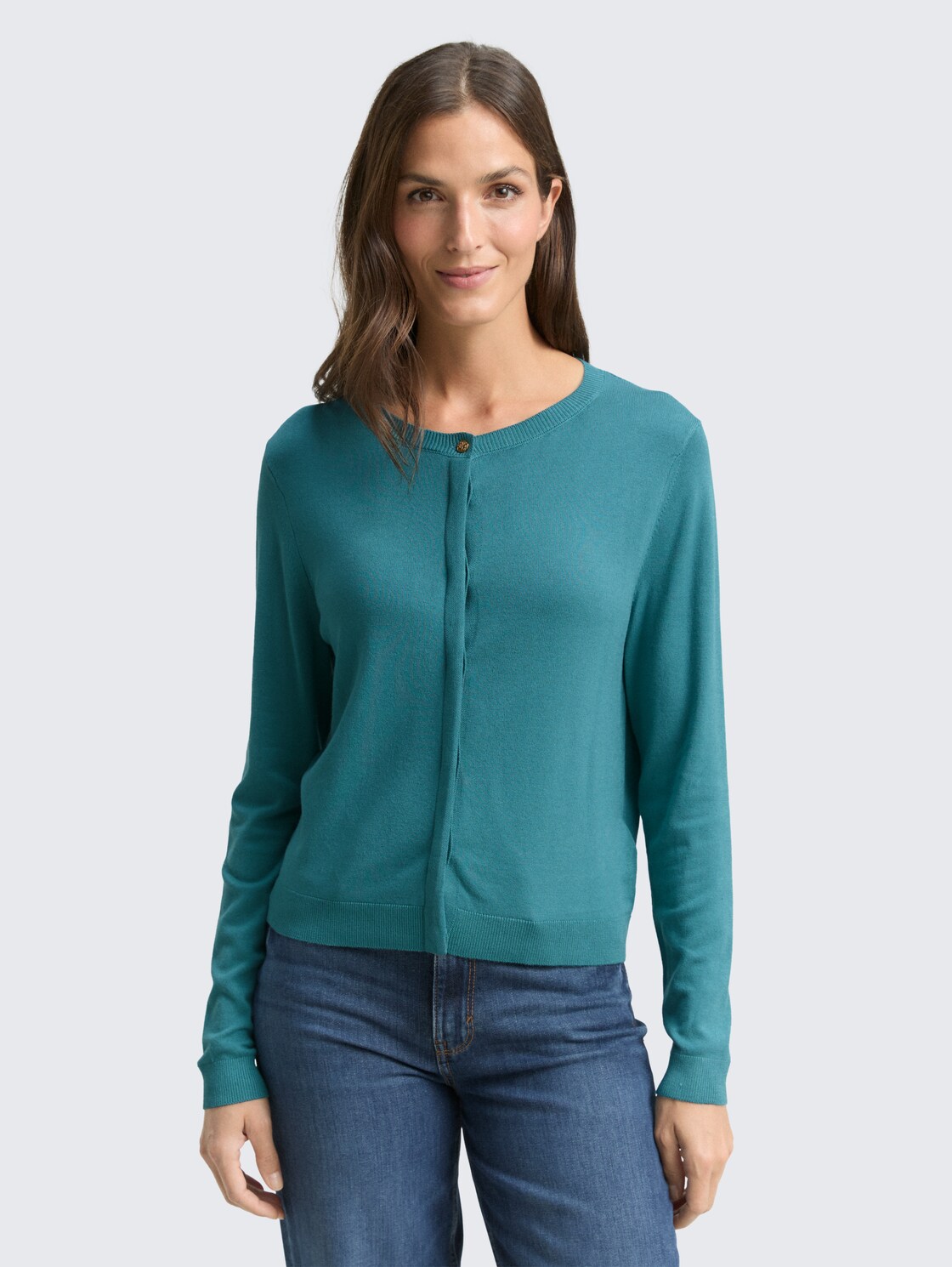 Cardigan mit verdeckter Knopfleiste - tropical teal - Ausschnitt Model-Vorderansicht