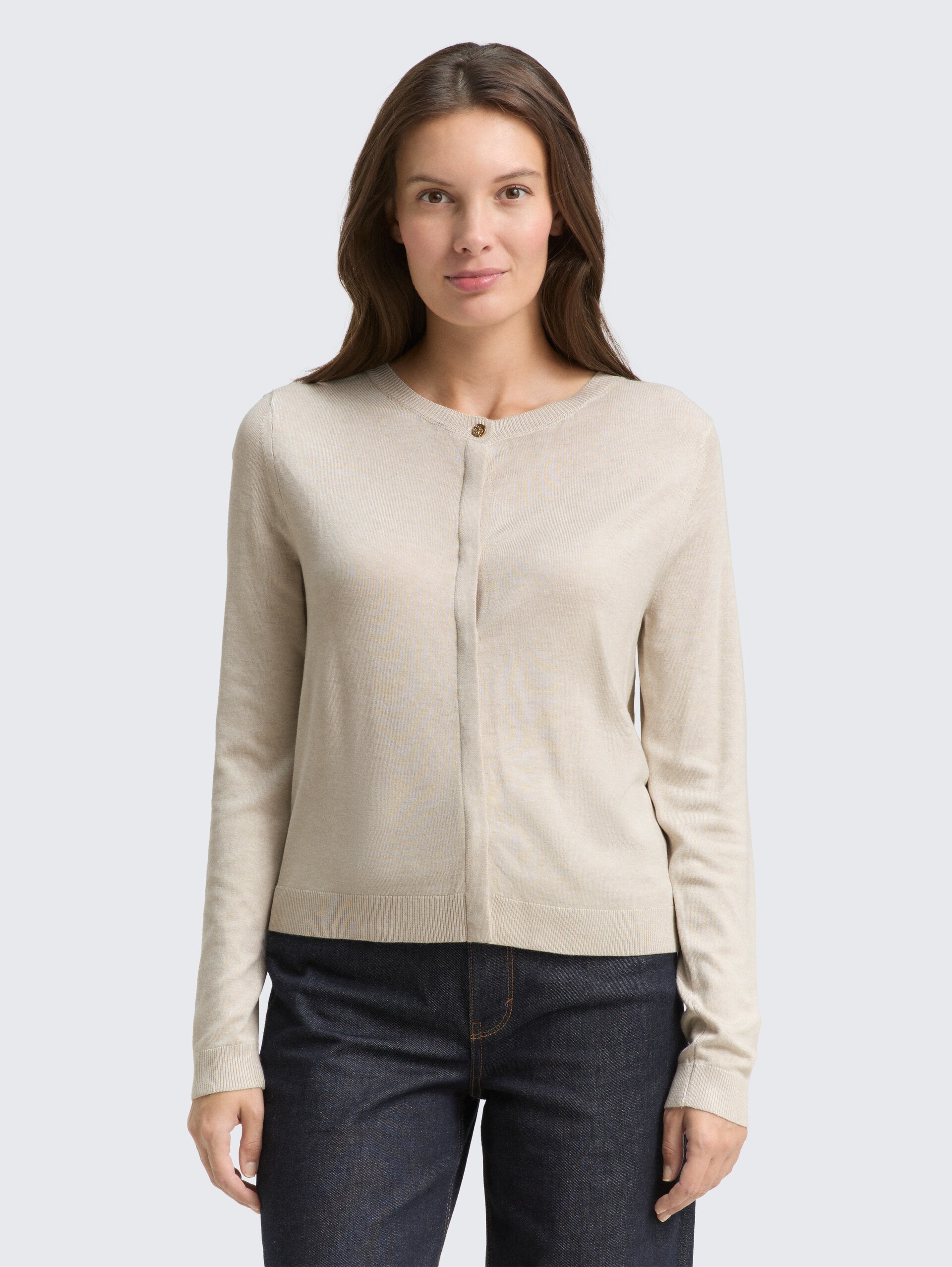 Cardigan mit verdeckter Knopfleiste - sand stone beige melange - Ausschnitt Model-Vorderansicht
