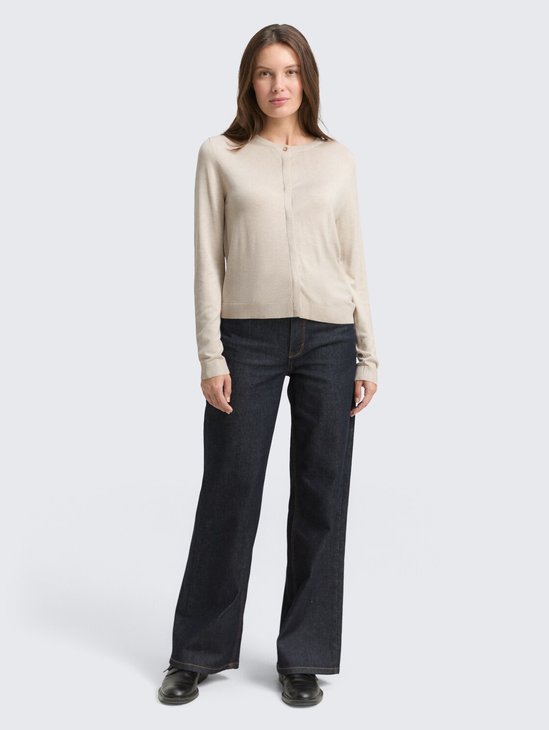 Cardigan with concealed button placket - sand stone beige melange - Model front view