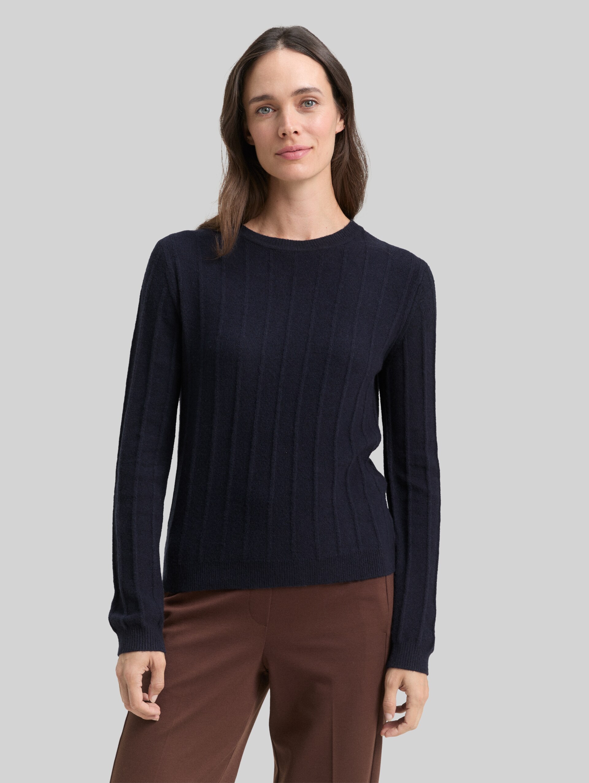 Rib knit jumper with wool content - sky captain blue - Neckline model front view