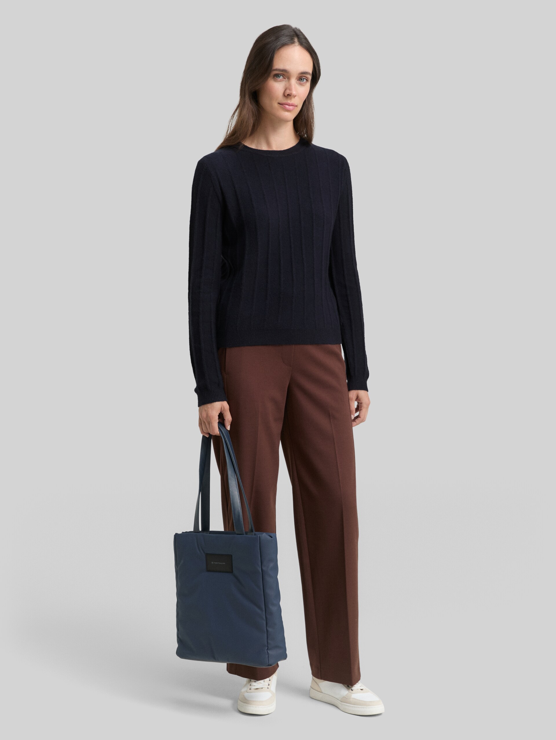Rib knit jumper with wool content - sky captain blue - Model front view