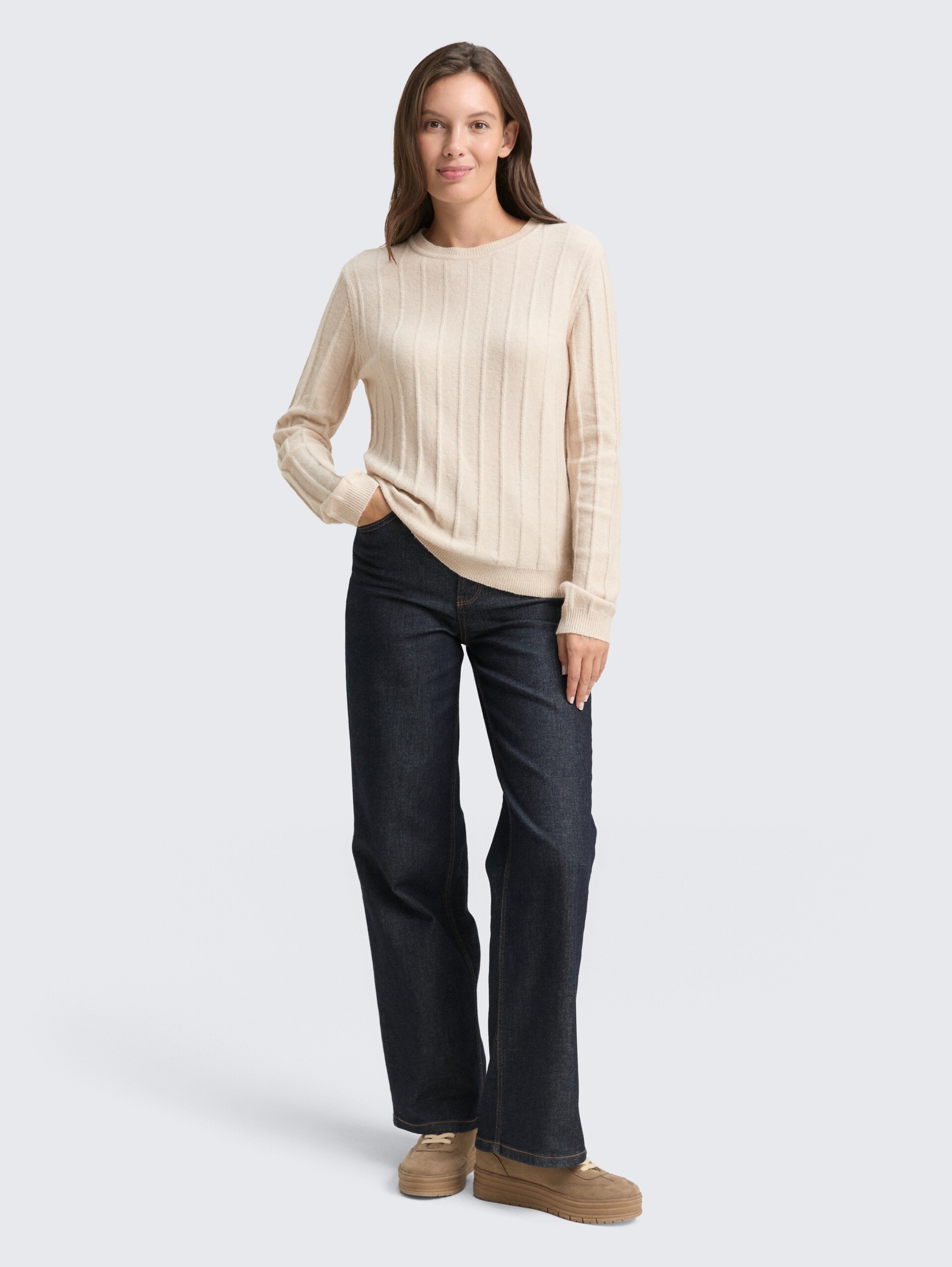 Rib Strickpullover mit Wollanteil - sand stone beige melange - Model-Vorderansicht