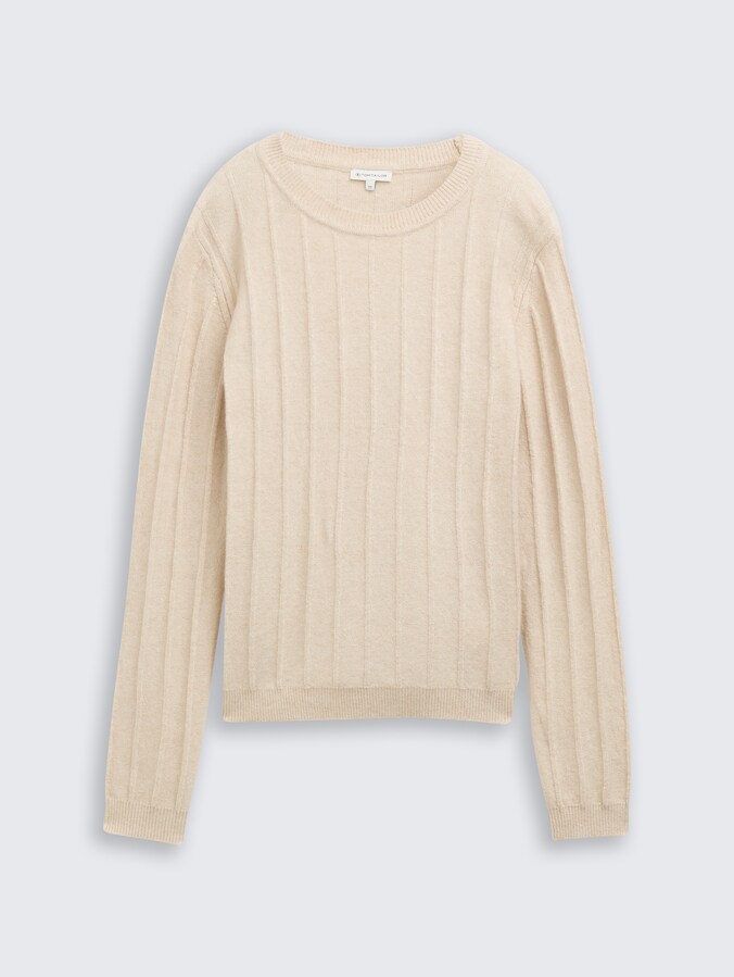 Rib Strickpullover mit Wollanteil von Women, sand stone beige melange