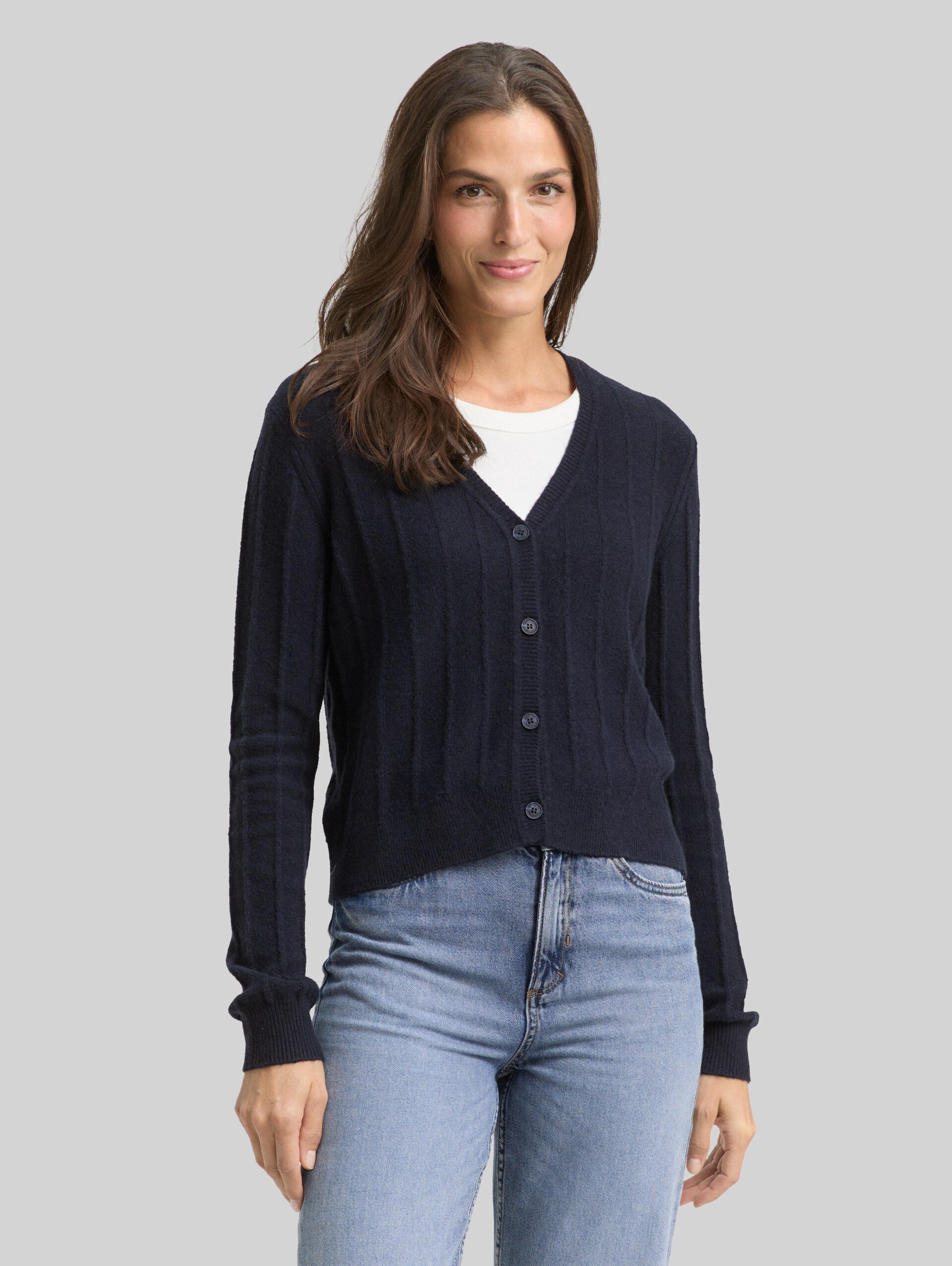 Ribbed cardigan with wool content - sky captain blue - Neckline model front view