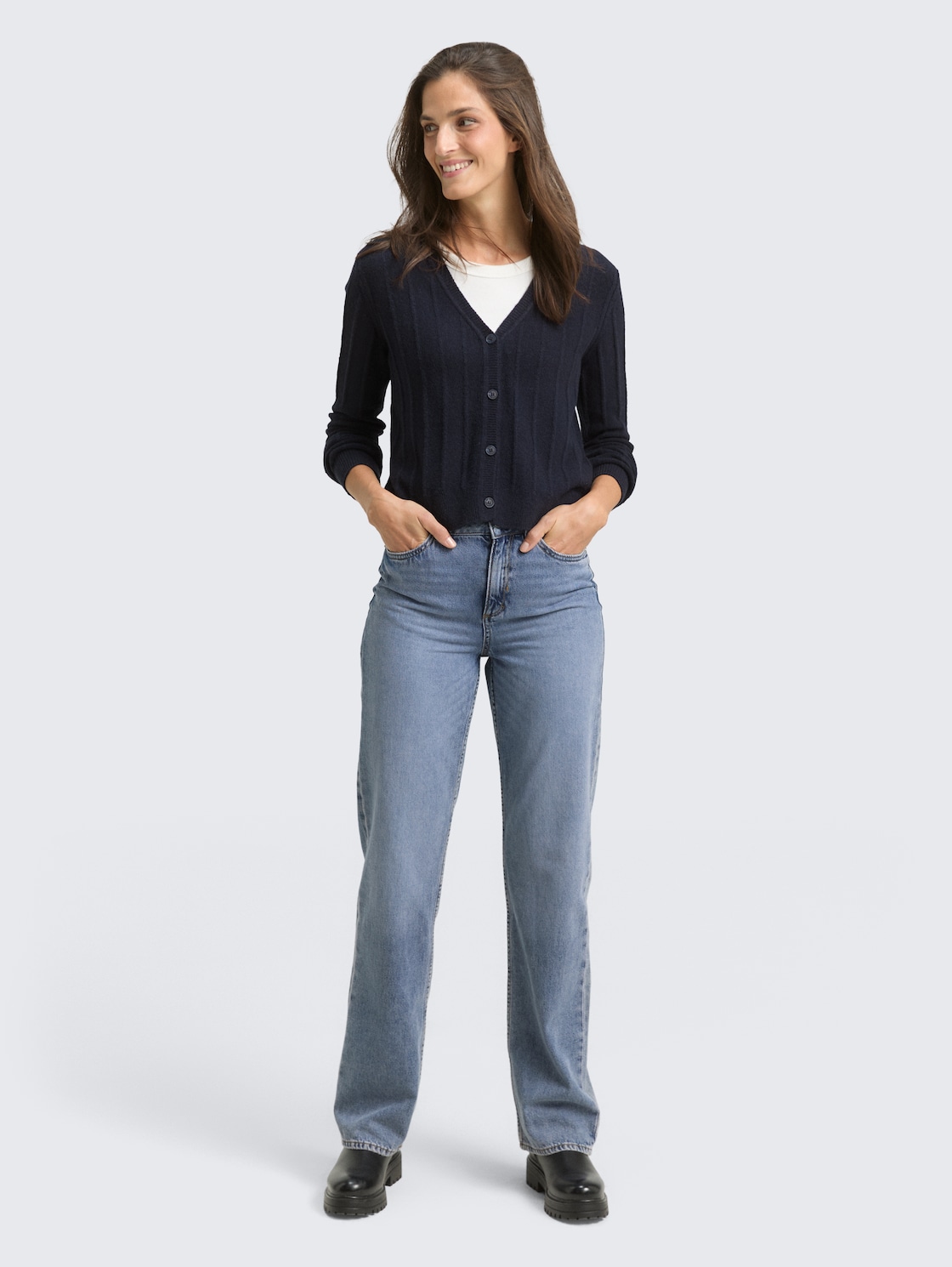 Rib Cardigan mit Wollanteil - sky captain blue - Model-Vorderansicht