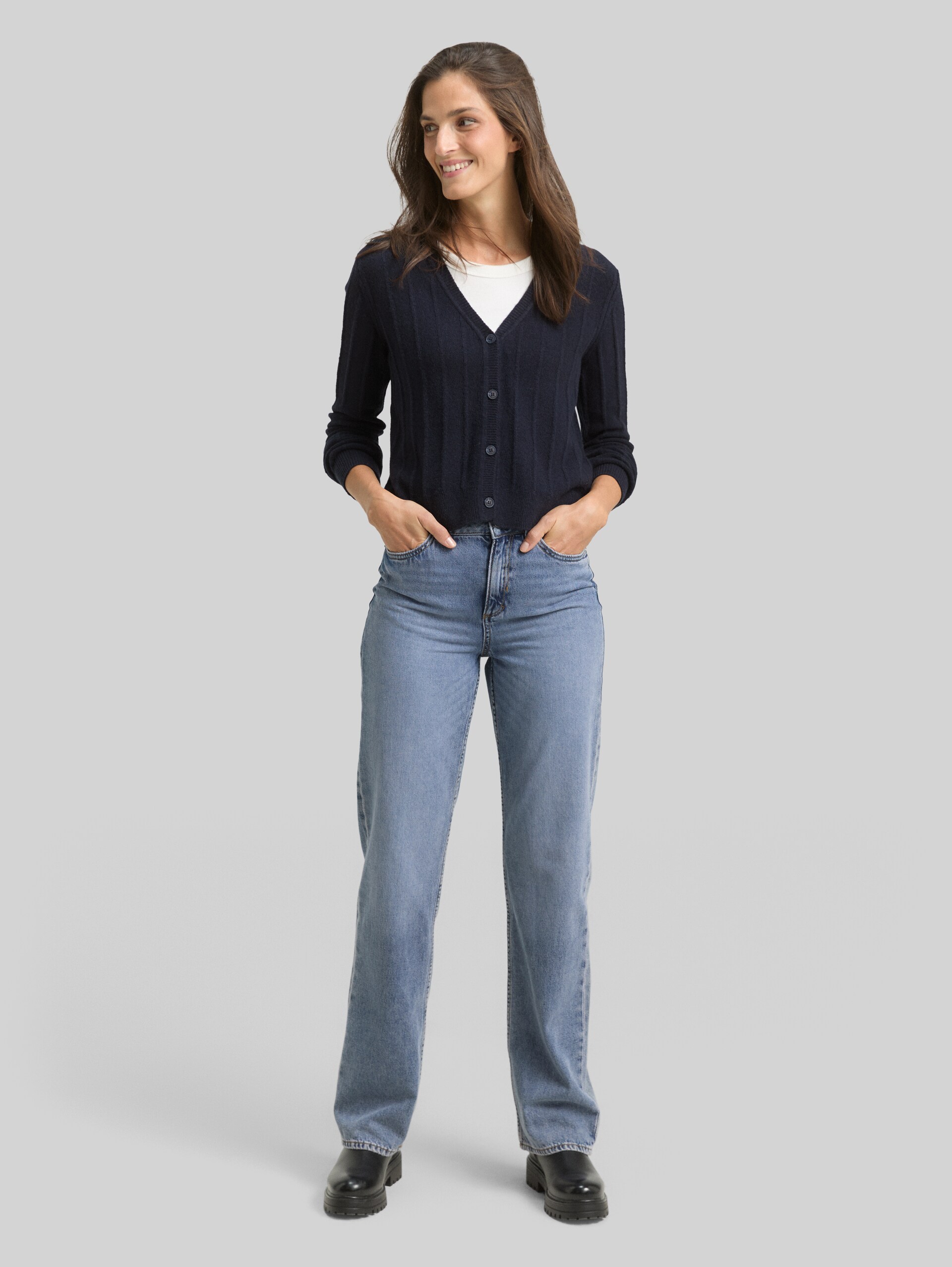 Ribbed cardigan with wool content - sky captain blue - Model front view