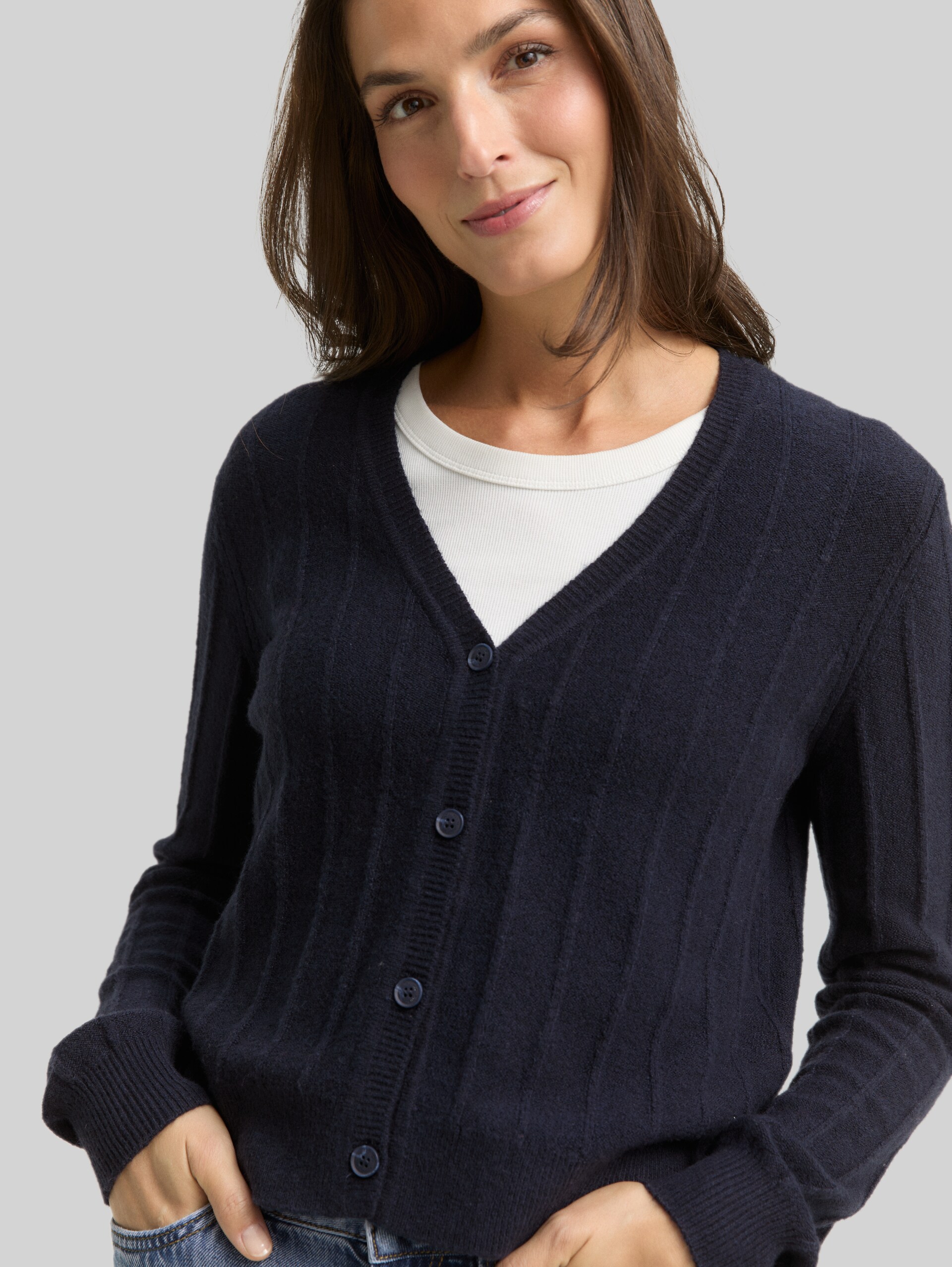 Ribbed cardigan with wool content - sky captain blue - Detail model view