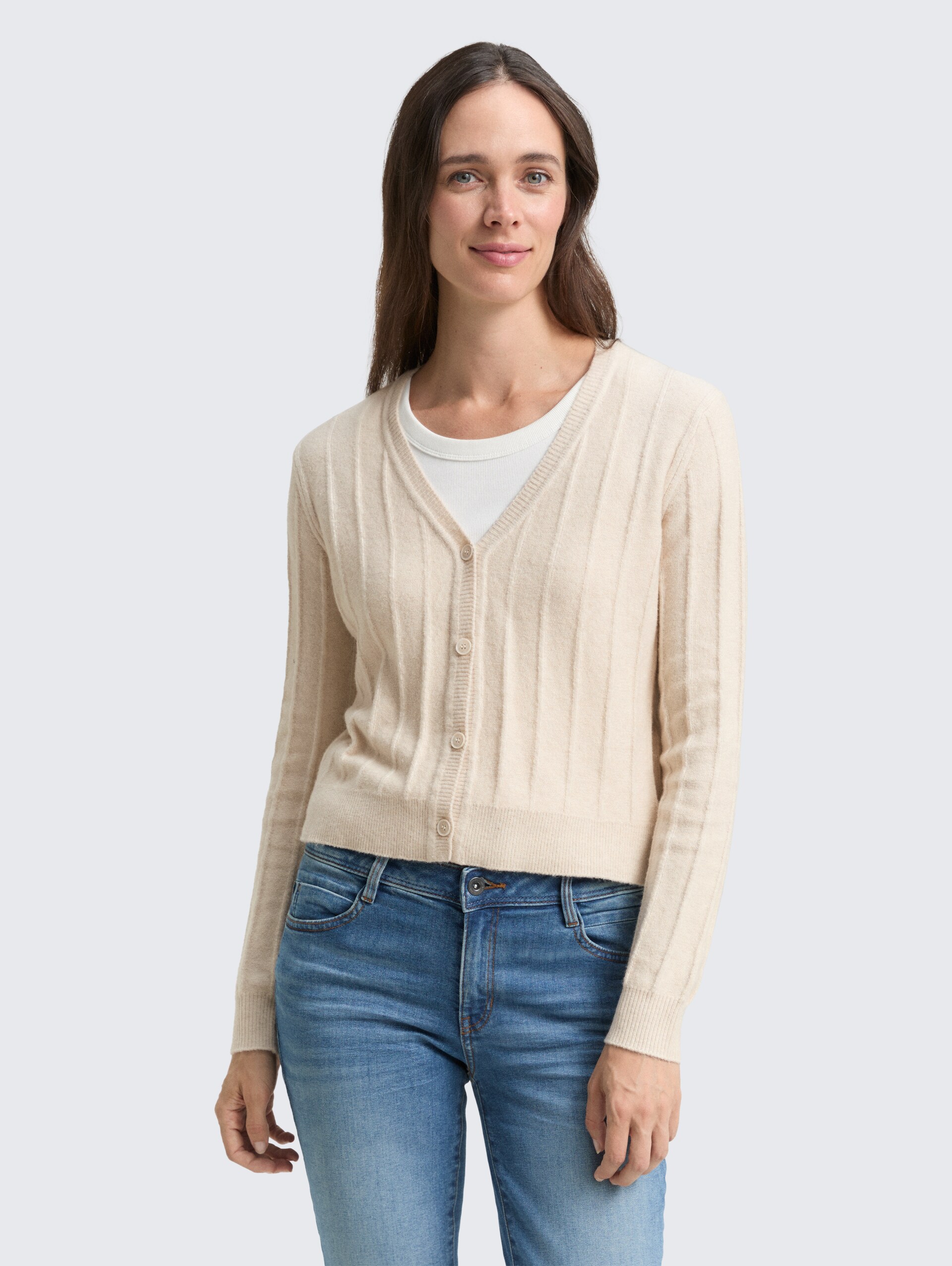 Rib Cardigan mit Wollanteil - sand stone beige melange - Ausschnitt Model-Vorderansicht
