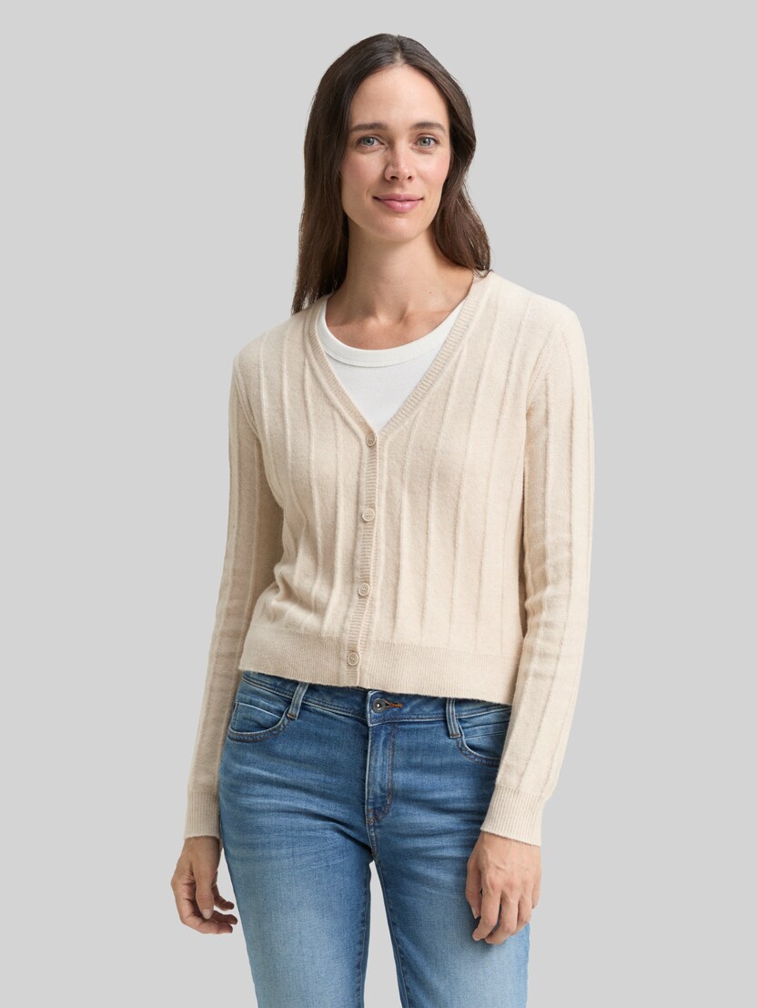 Geribbelde cardigan met wol door Women, sand stone beige melange