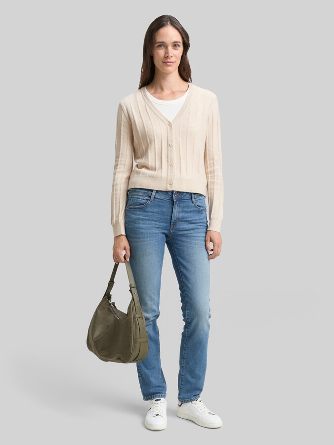 Geribbelde cardigan met wol door Women, sand stone beige melange