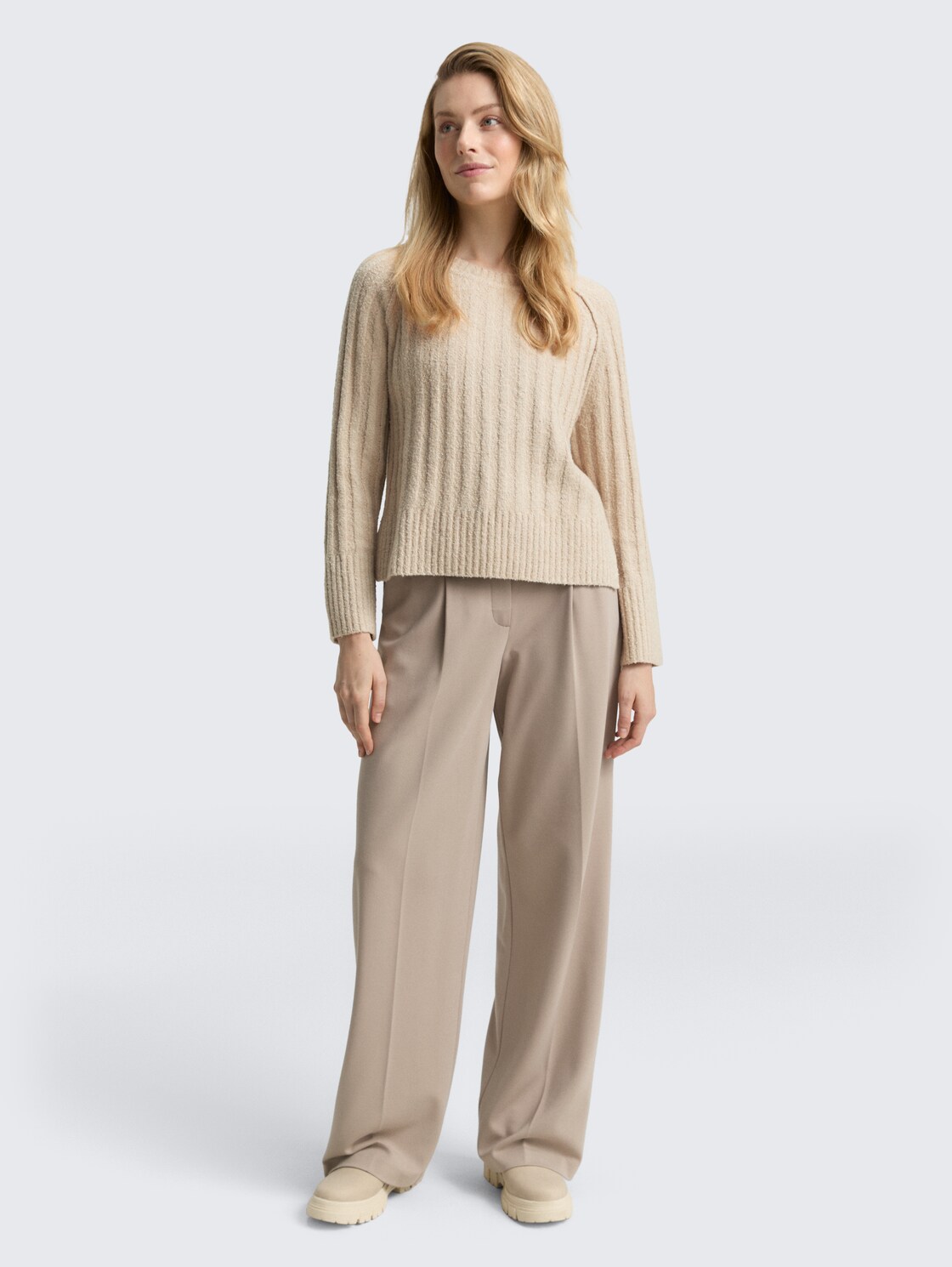 Bouclé knit jumper with wool content - sand stone beige melange - Model front view