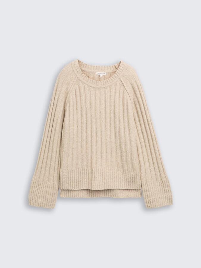 Bouclé knit jumper with wool content by Women, sand stone beige melange