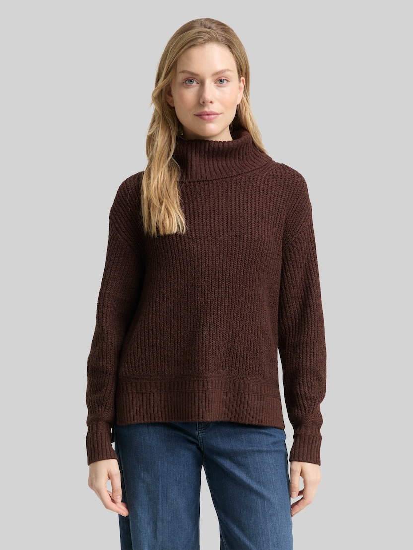 Loose-fit turtleneck jumper by Women, dark pecan brown melange