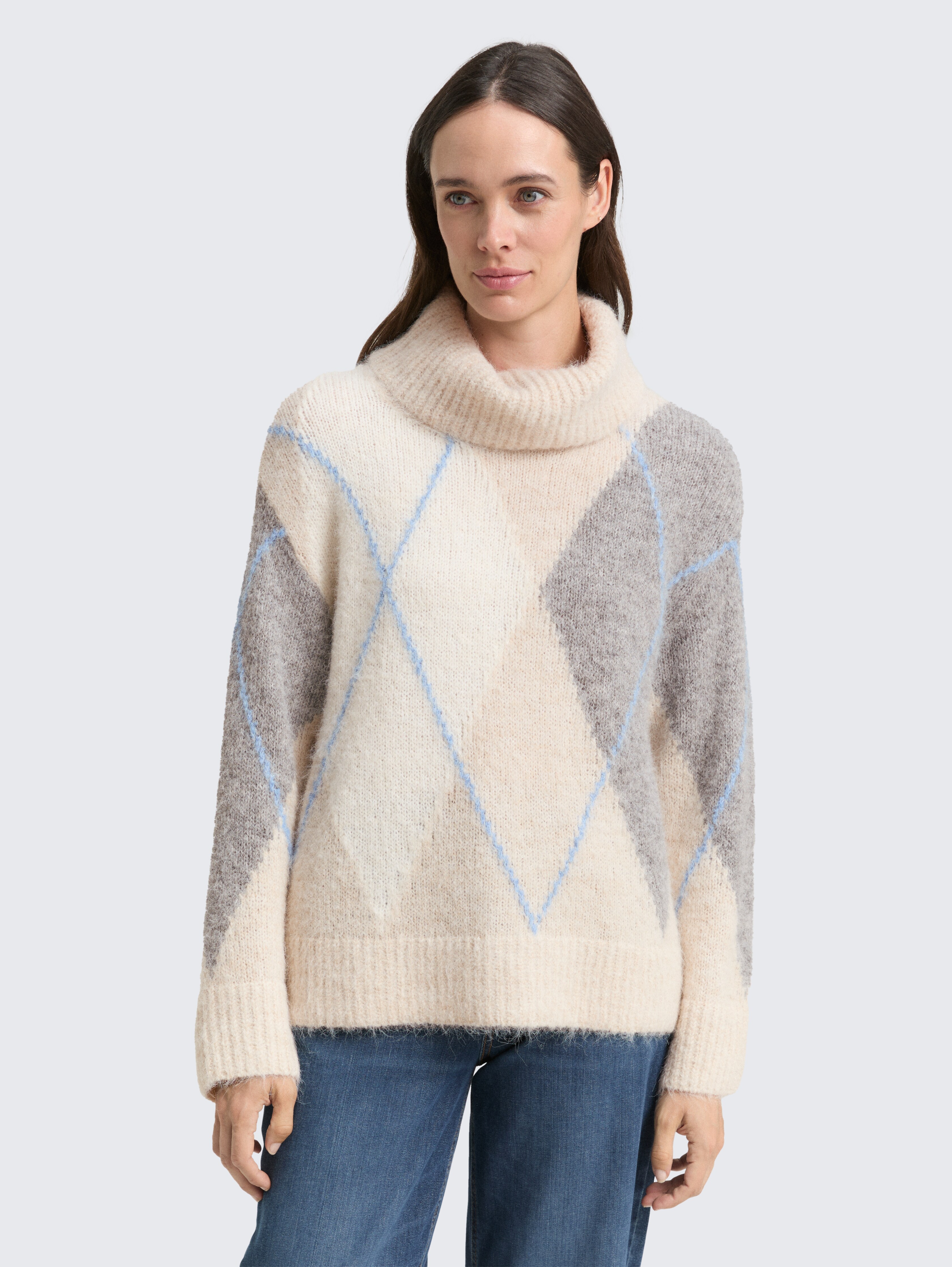 Oversize Rollkragenpullover mit Wollanteil von Women, beige grey argyle knit design