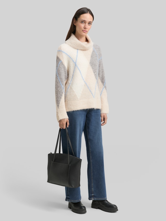 Oversize Rollkragenpullover mit Wollanteil von Women, beige grey argyle knit design