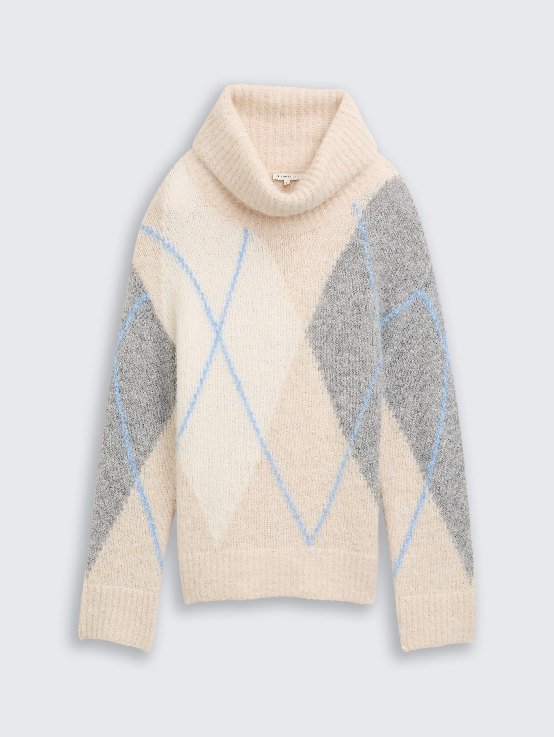 Oversize Rollkragenpullover mit Wollanteil - beige grey argyle knit design