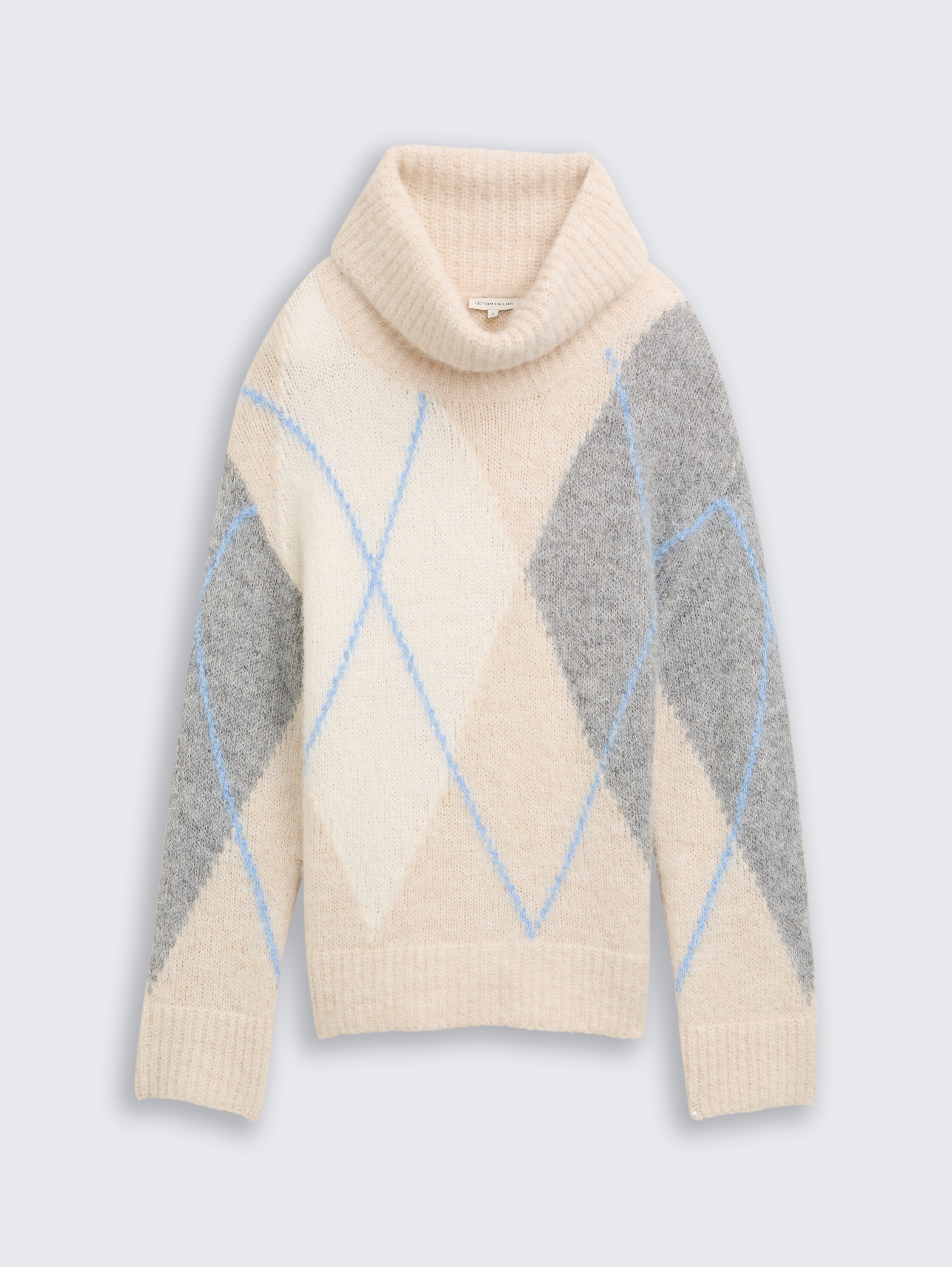 Oversize Rollkragenpullover mit Wollanteil - beige_grey_argyle_knit_design - 