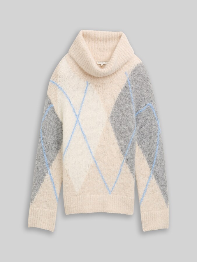 Pull à col roulé oversize avec partie en laine par Women, beige grey argyle knit design