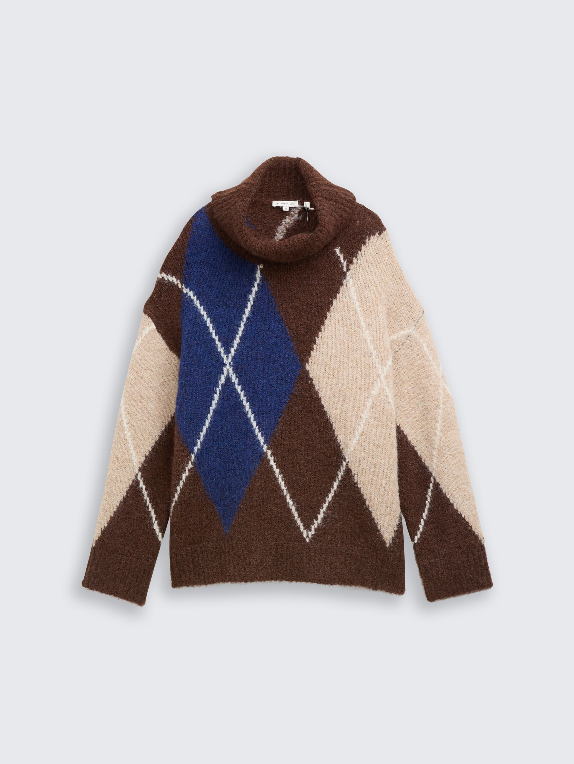 Oversize Rollkragenpullover mit Wollanteil - brown blue argyle knit dsign