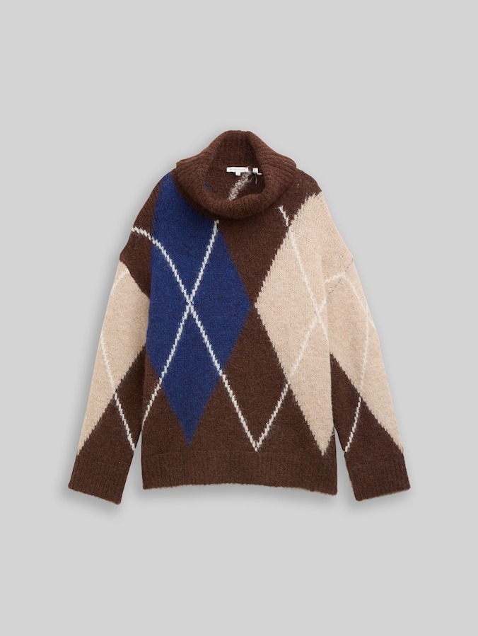 Oversize Rollkragenpullover mit Wollanteil von Women, brown blue argyle knit dsign