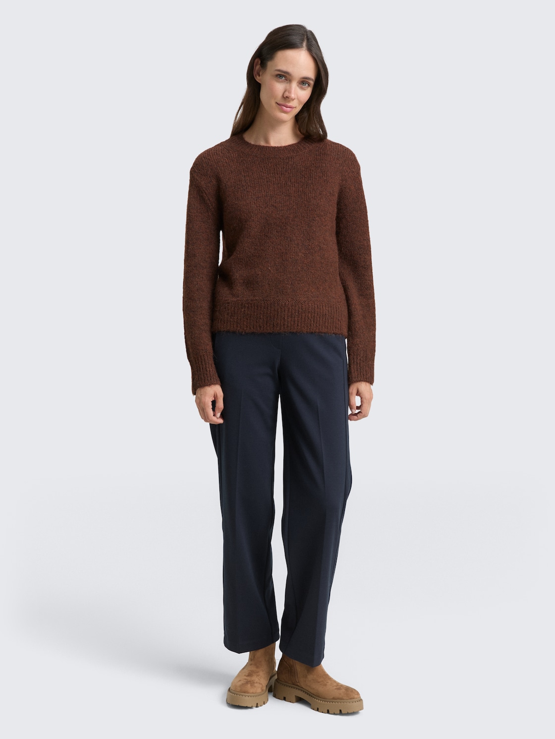 Strickpullover mit Wollanteil - dark pecan brown melange - Model-Vorderansicht