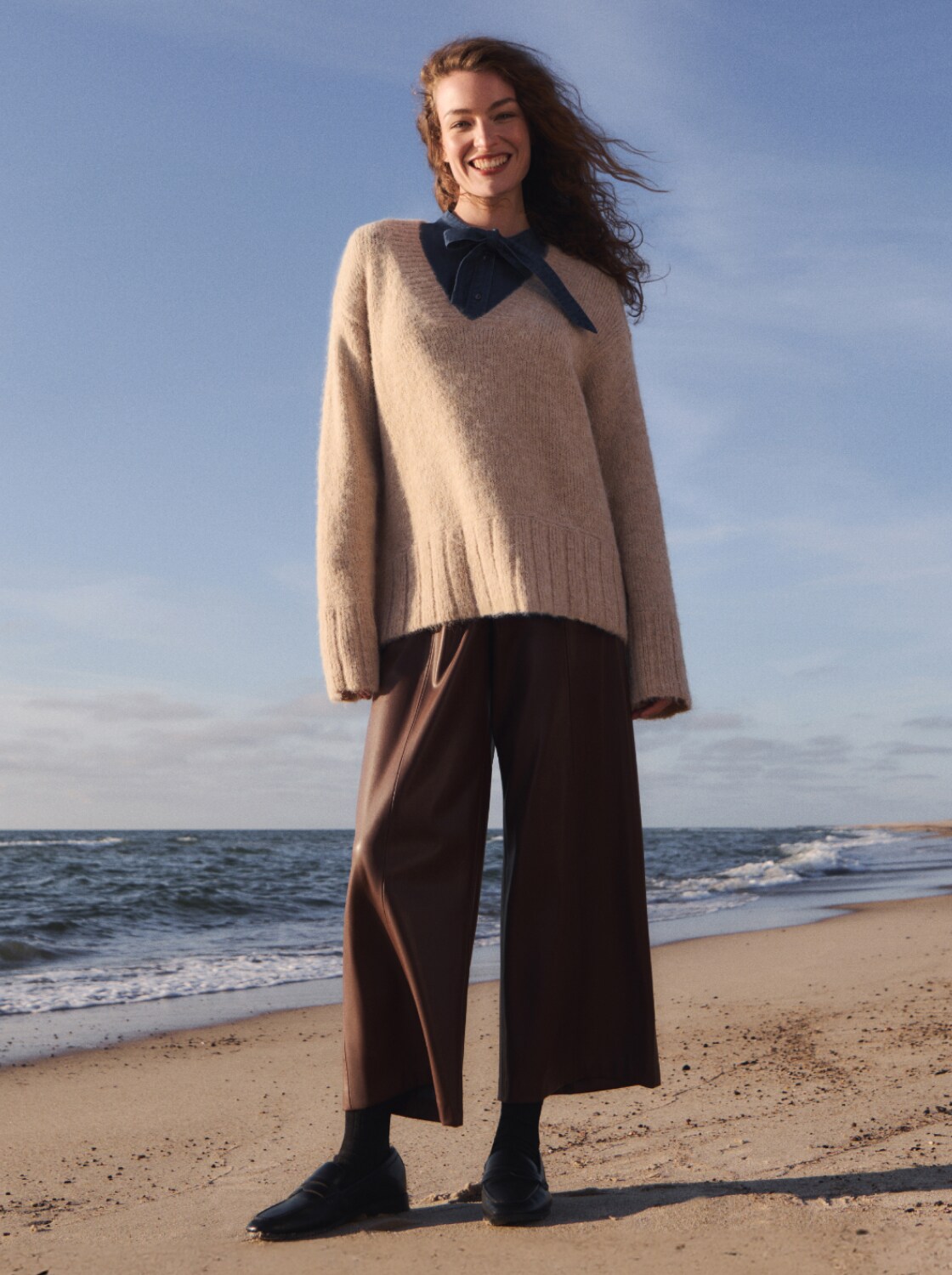 Oversized knitted jumper with wool content - sand stone beige melange