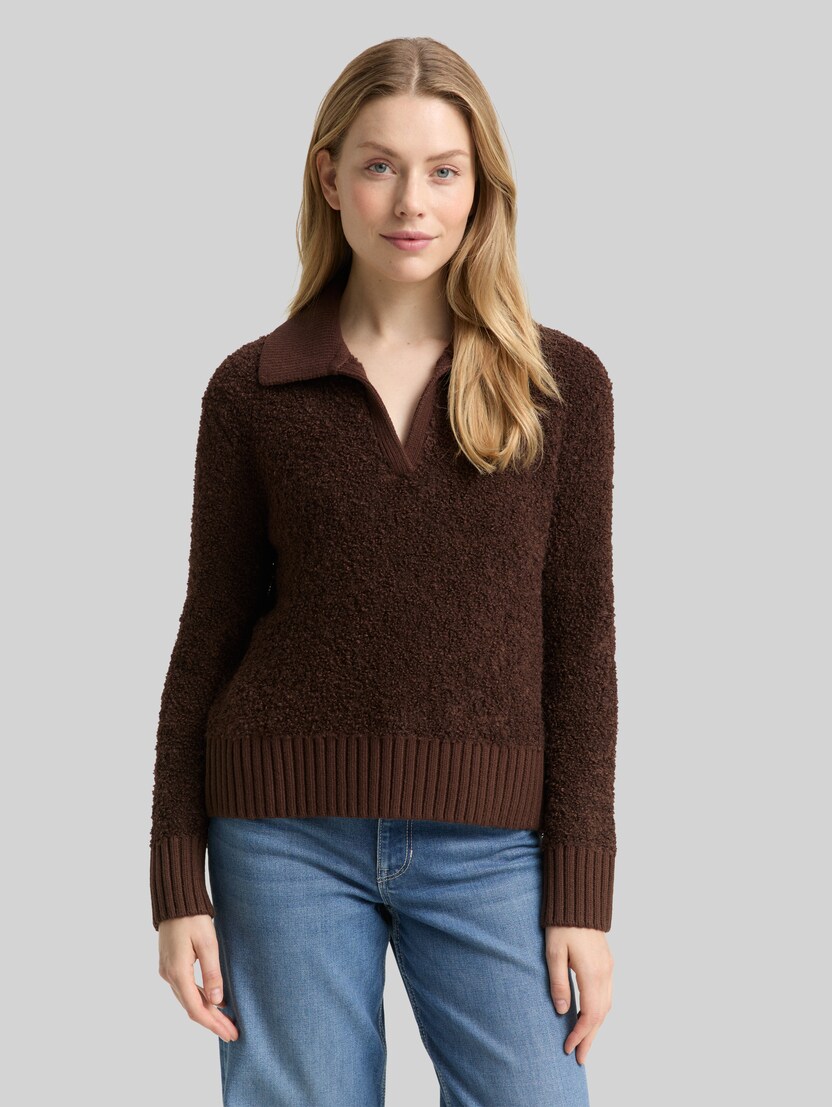 Bouclé gebreide trui met kraag door Women, dark pecan brown melange