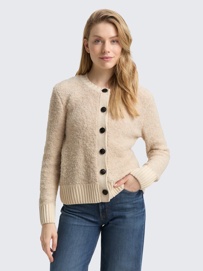 Bouclé cardigan with wool content by Women, sand stone beige melange