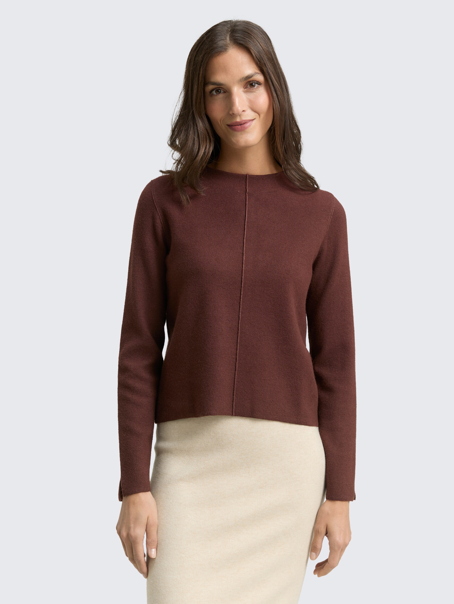 Cropped Strickpullover mit Stehkragen - dark pecan brown melange - Ausschnitt Model-Vorderansicht