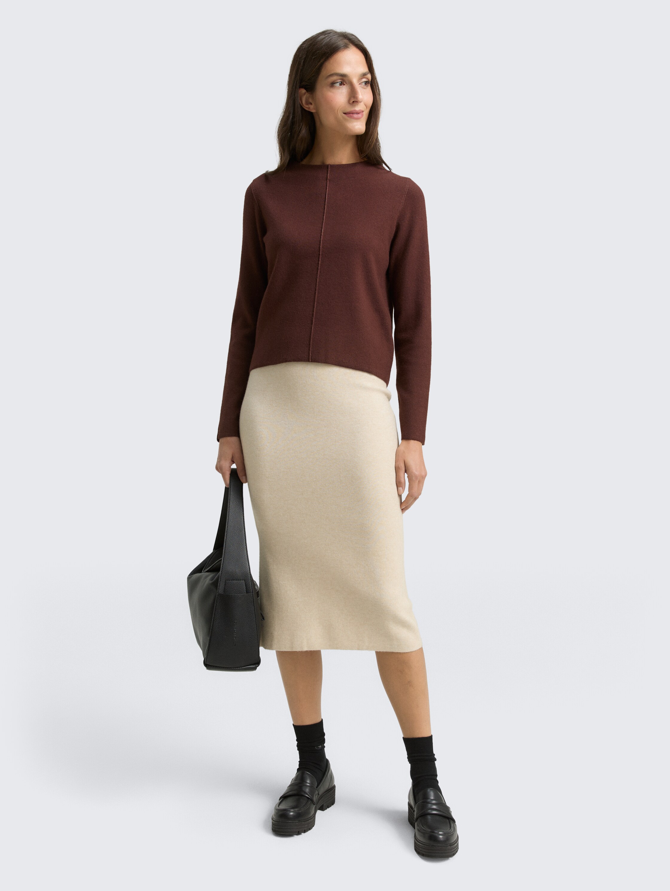 Cropped gebreide trui met opstaande kraag - dark_pecan_brown_melange - 