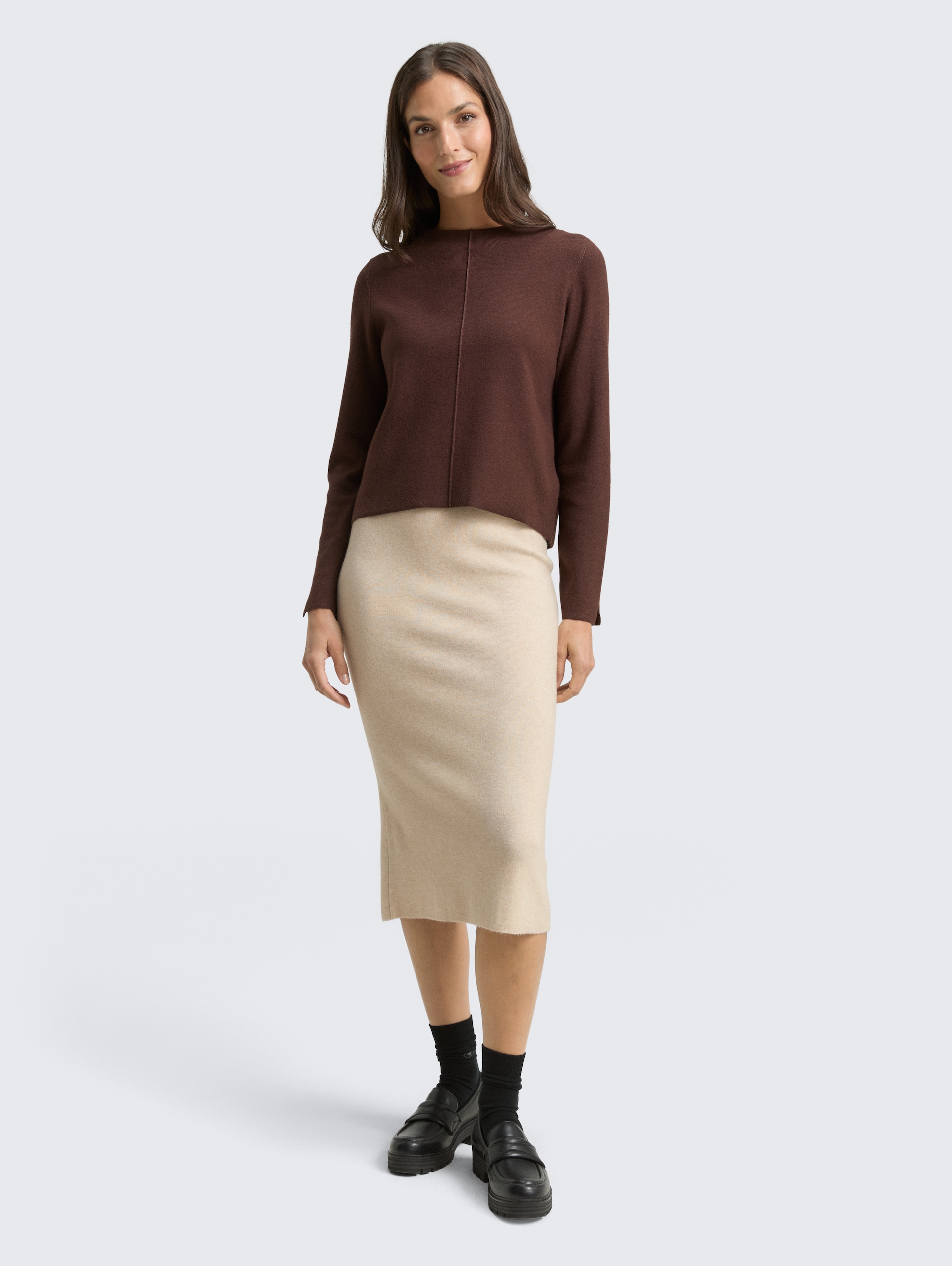 Midi-Rock mit Schlitz - sand stone beige melange - Model-Vorderansicht