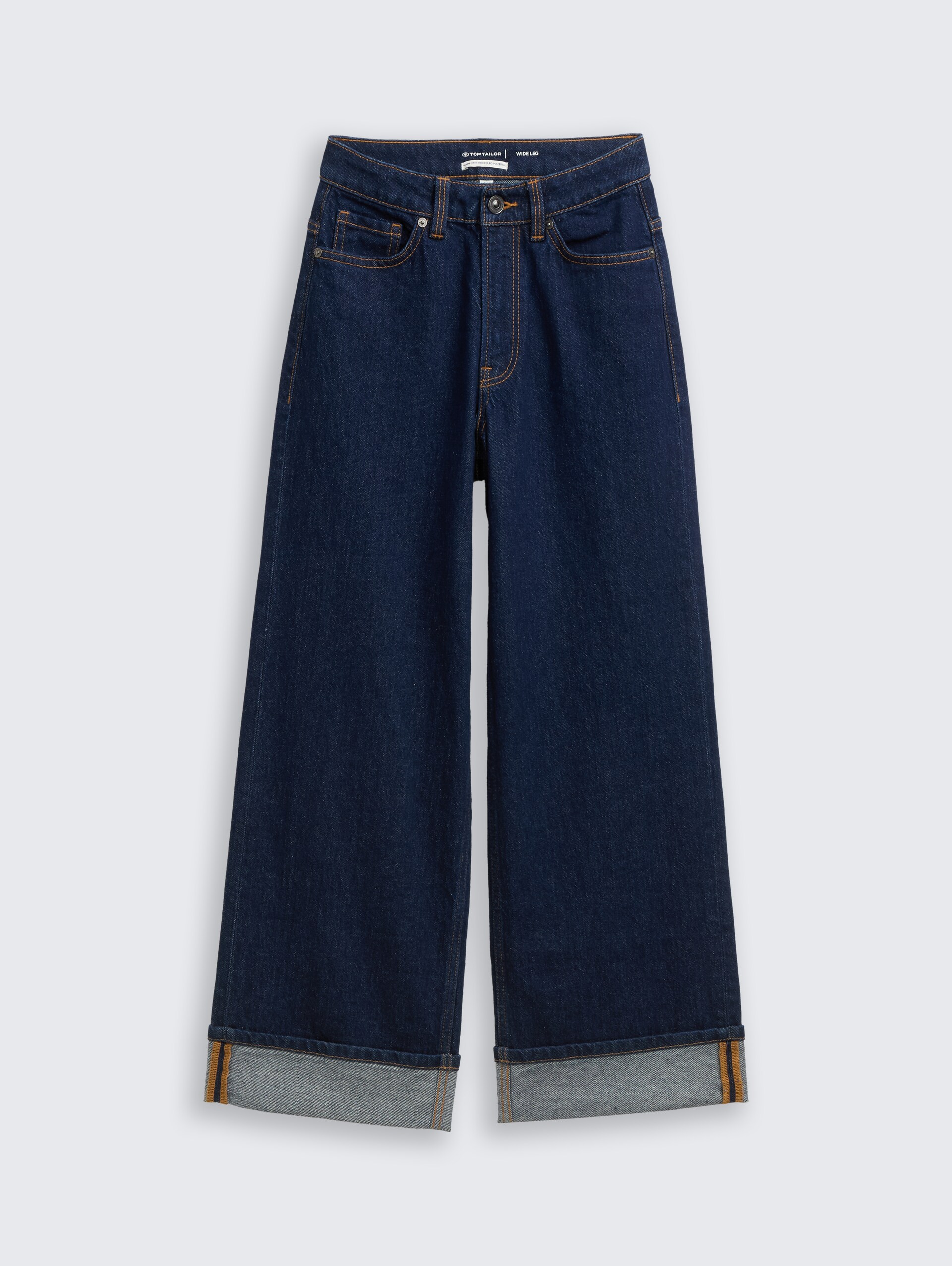 Wide Leg Jeans mit Turn-Up und Stretch - Rinsed Blue Denim - Vorder-Produkt-Ansicht