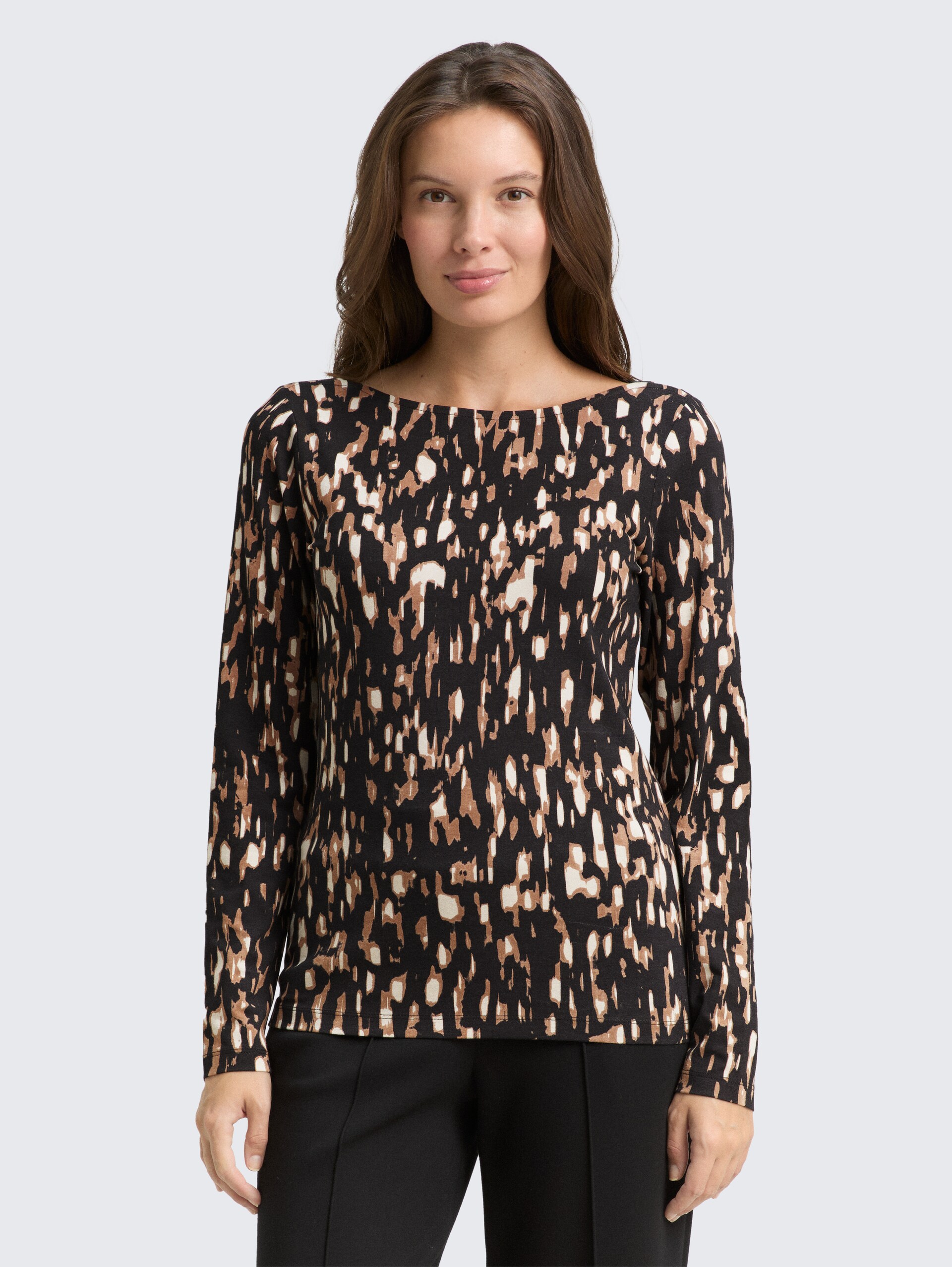 Shirt met lange mouwen met patroon - brown sparkle design - Nek model vooraanzicht