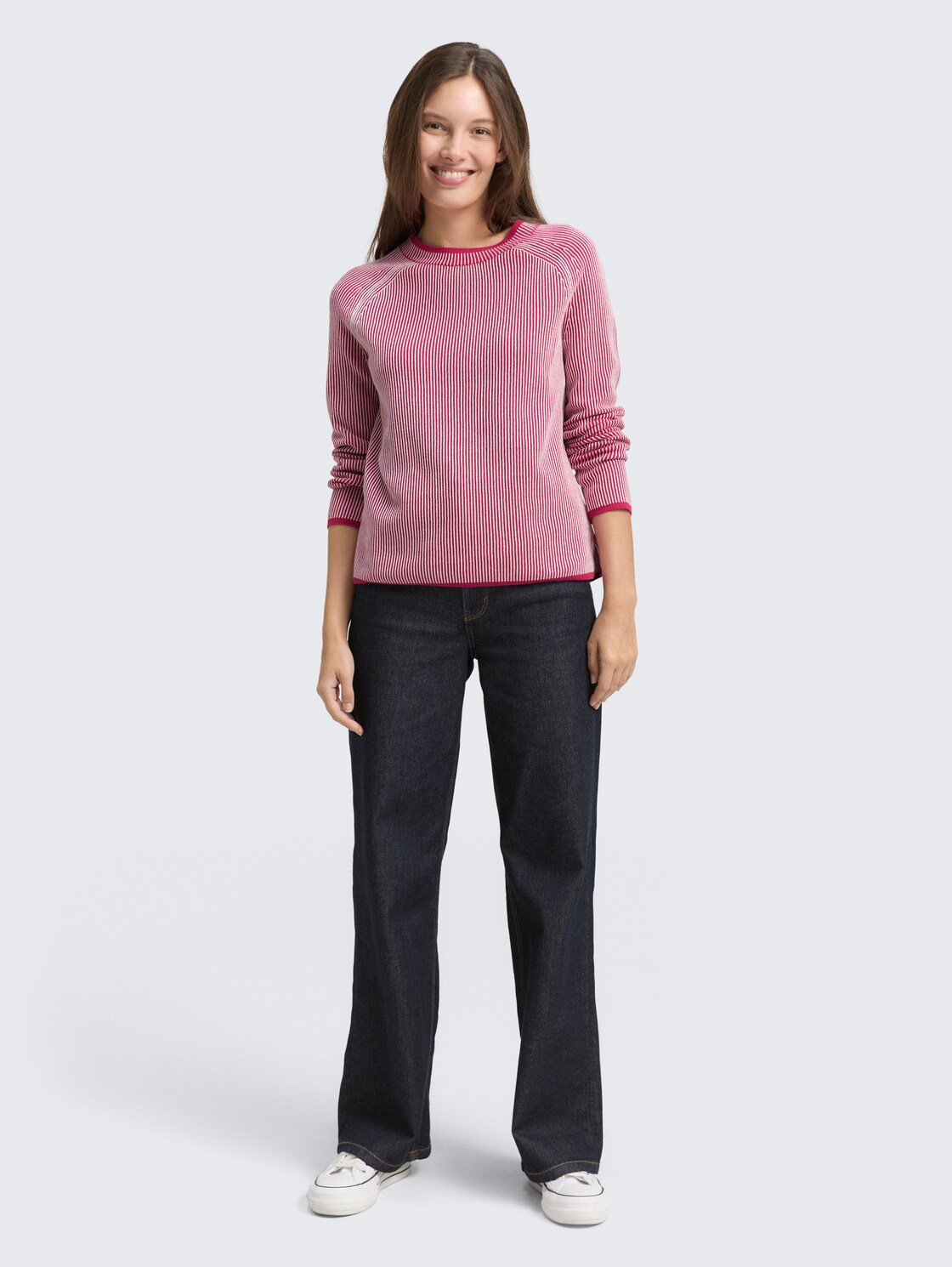 Strickpullover mit Rundhalsausschnitt - pink plaited knit - Model-Vorderansicht