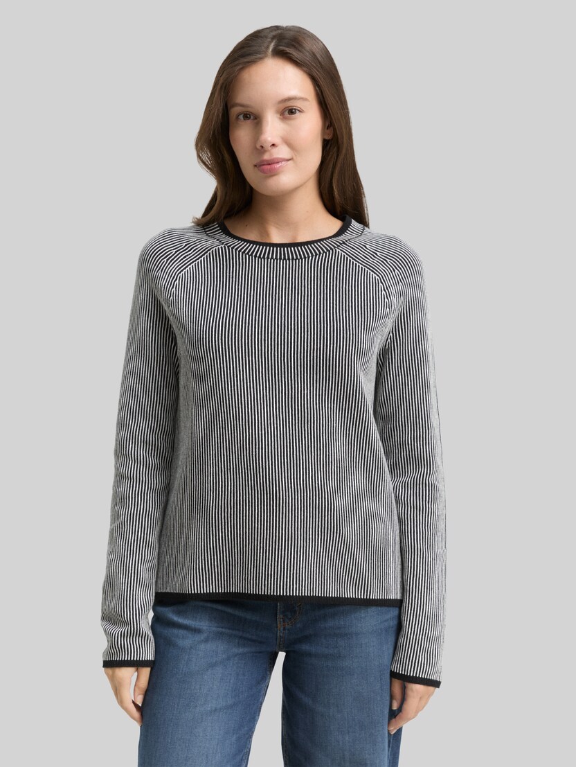 Round-neck knitted jumper by Women, black white plaited knit