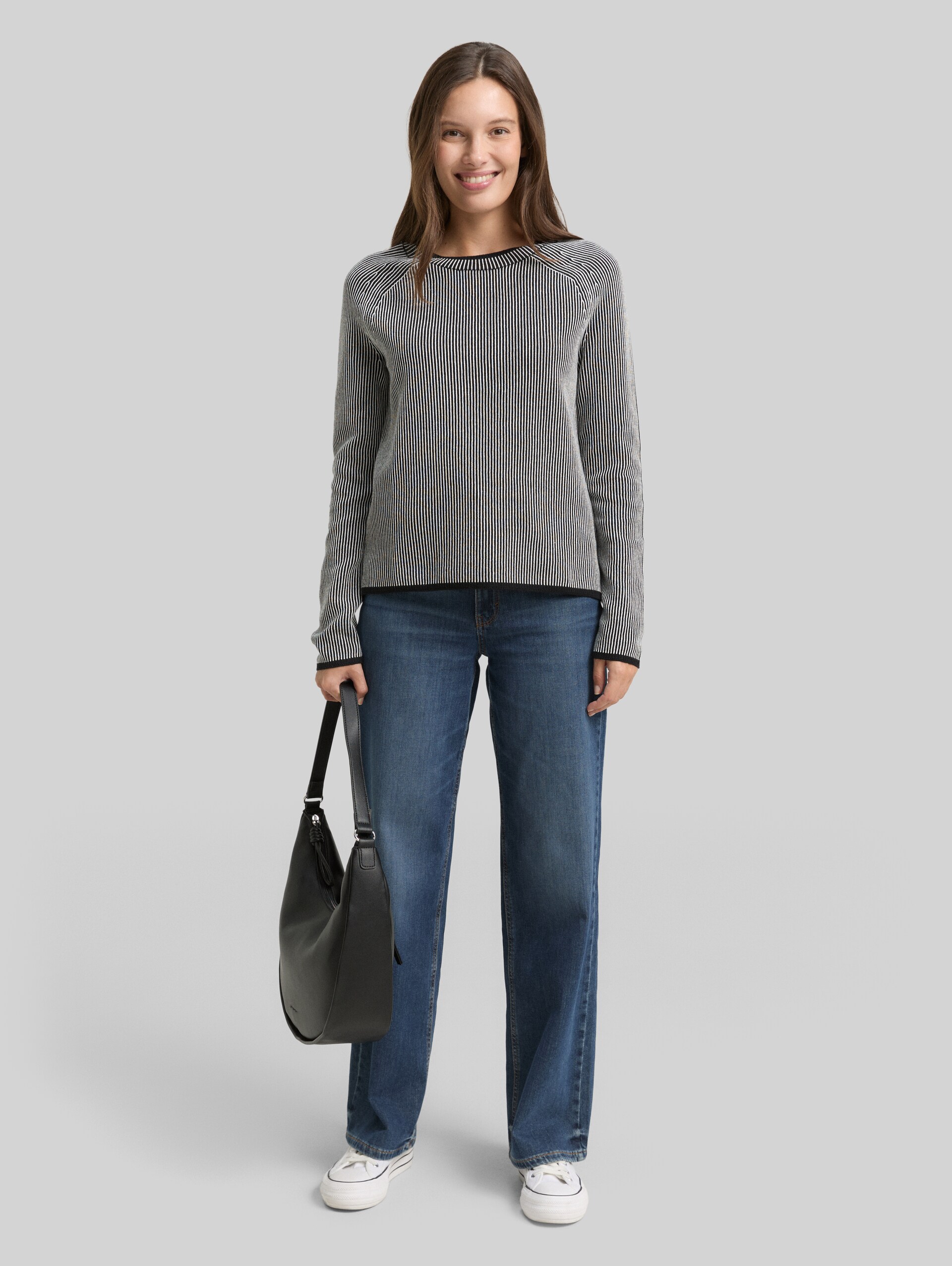 Knitted jumper - black white plaited knit - Model front view