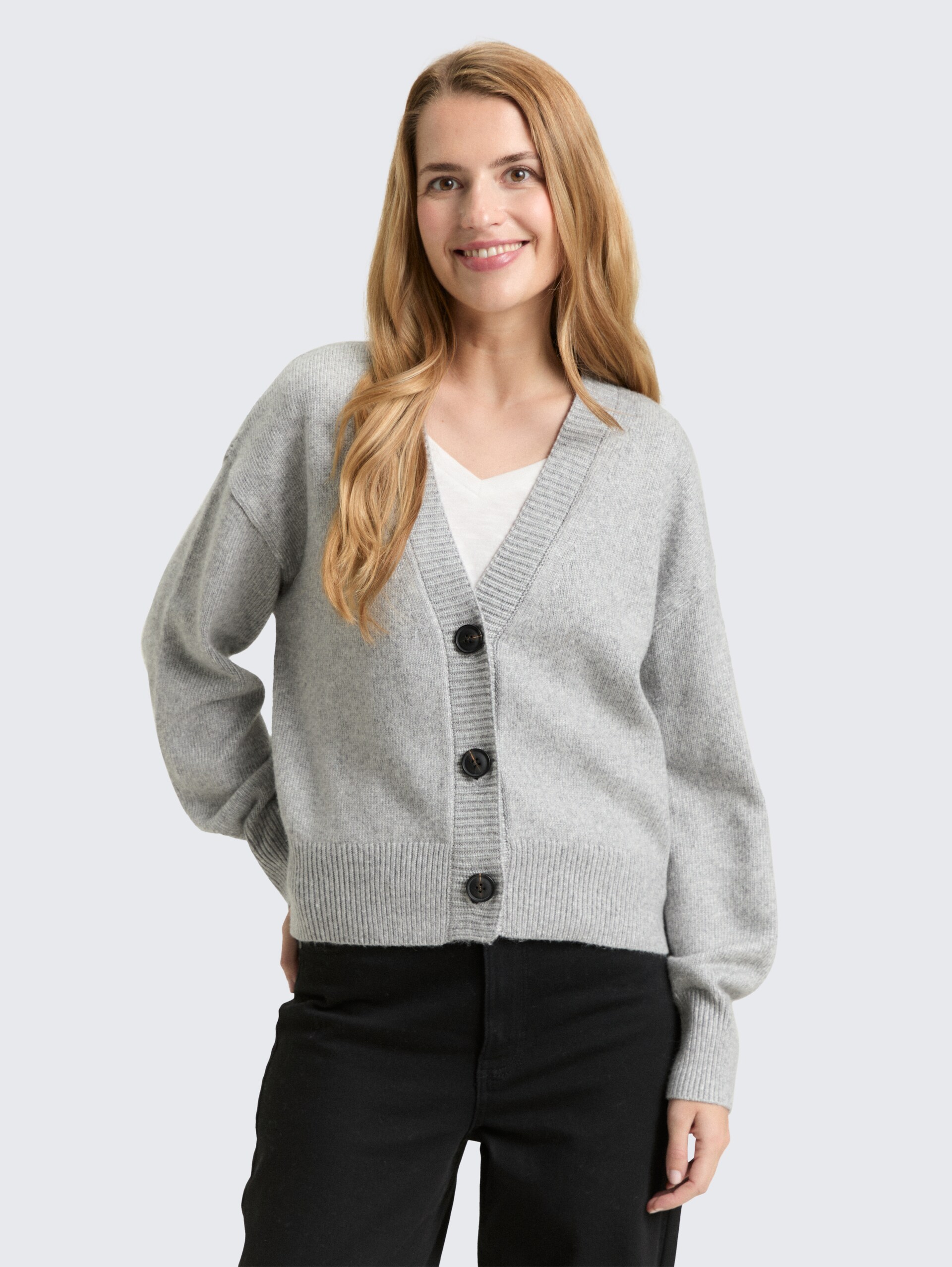 Loose Fit Cardigan mit V-Ausschnitt - medium silver grey melange - Ausschnitt Model-Vorderansicht