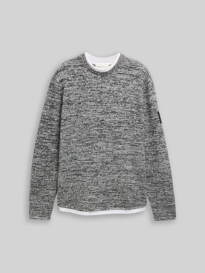 Knitted jumper with a 2-in-1 look by Denim Male, black white mouline