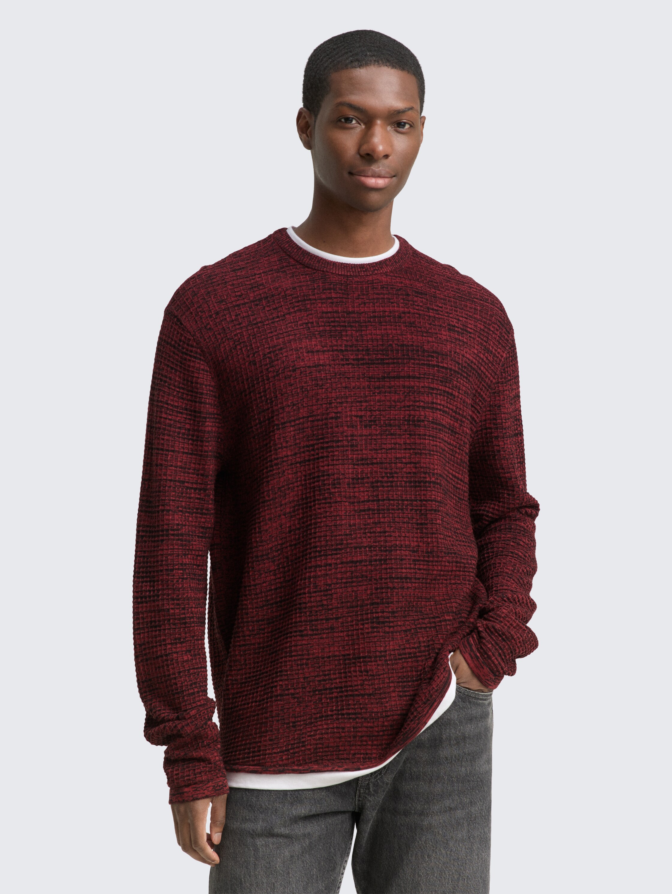 Knitted jumper in a 2-in-1 look - burned_red_black_mouline - 