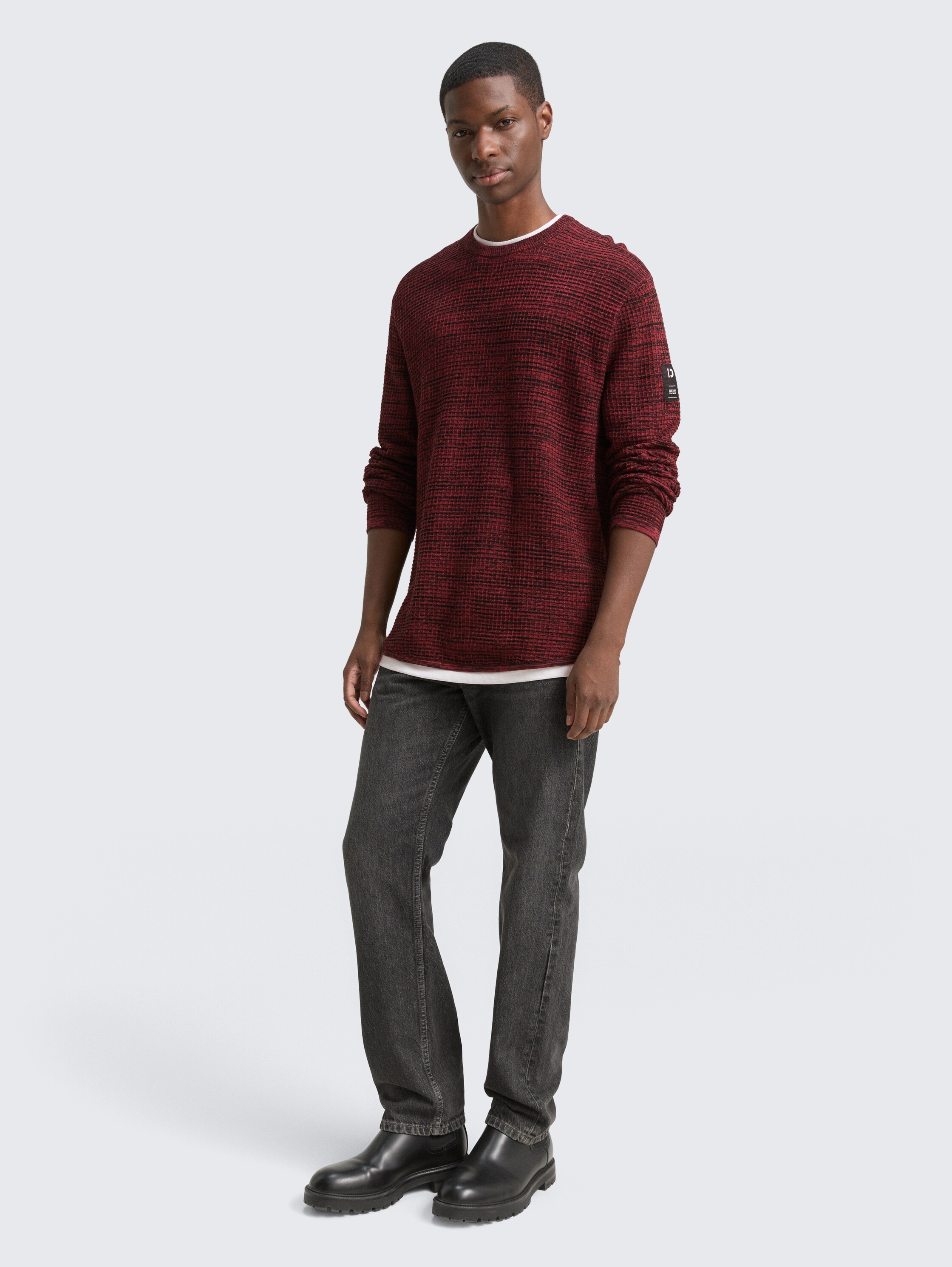Knitted jumper in a 2-in-1 look - burned_red_black_mouline - 