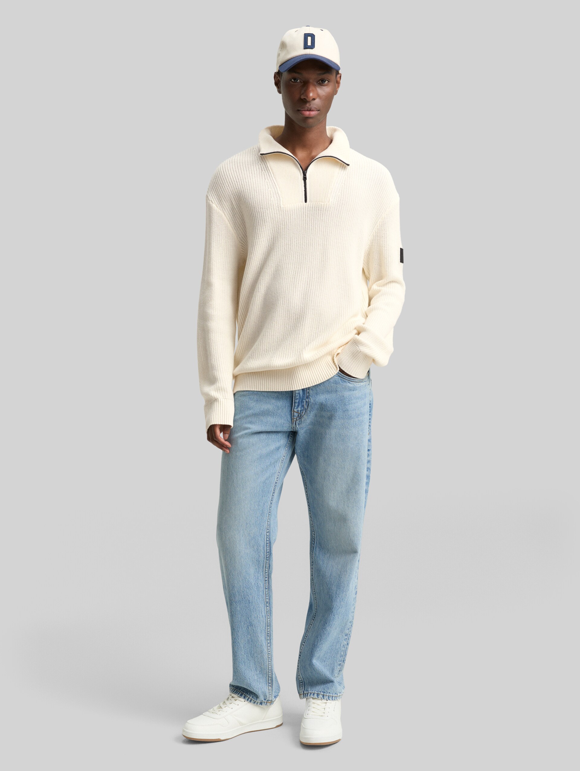 Relaxed fit Troyer knitted jumper - Wool White - Model front view